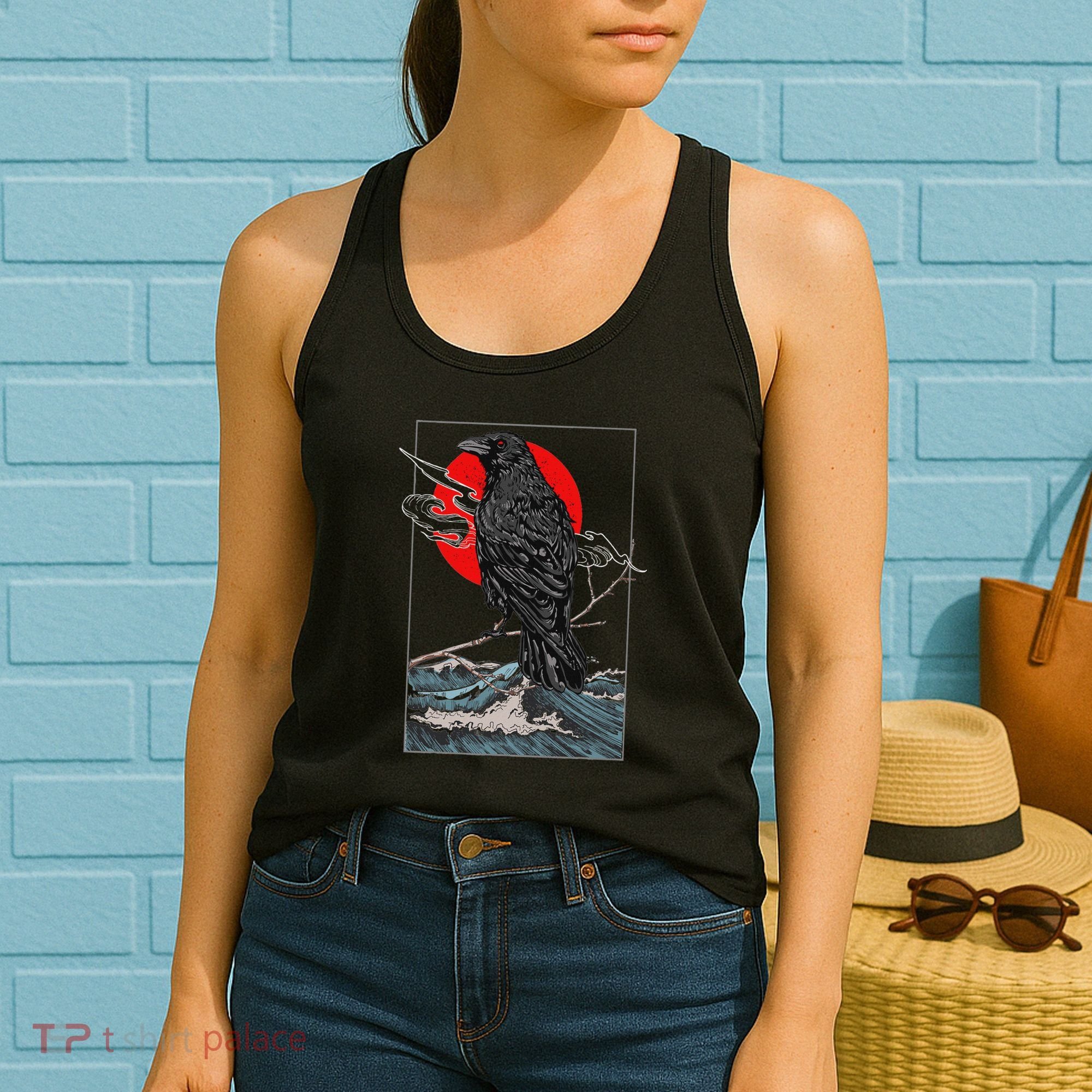 Red Moon Raven Graphic Black Crow Women's Tank Top