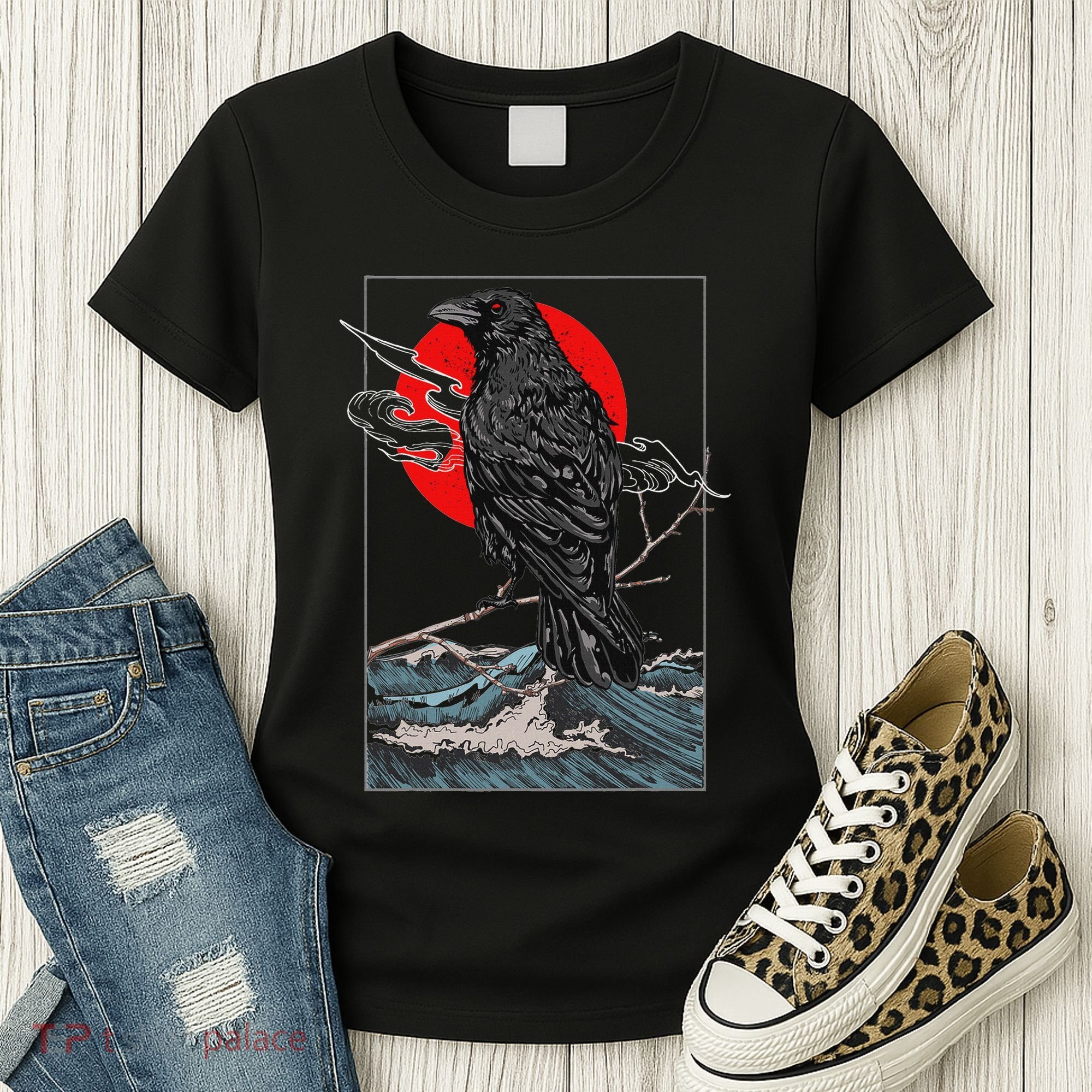 Red Moon Raven Graphic Black Crow Women's T-Shirt