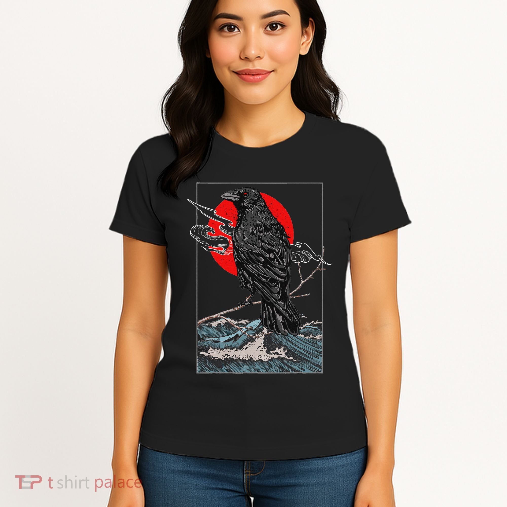 Red Moon Raven Graphic Black Crow Women's T-Shirt