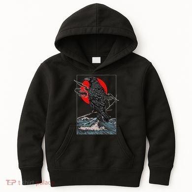 Red Moon Raven Graphic Black Crow Kids Hoodie