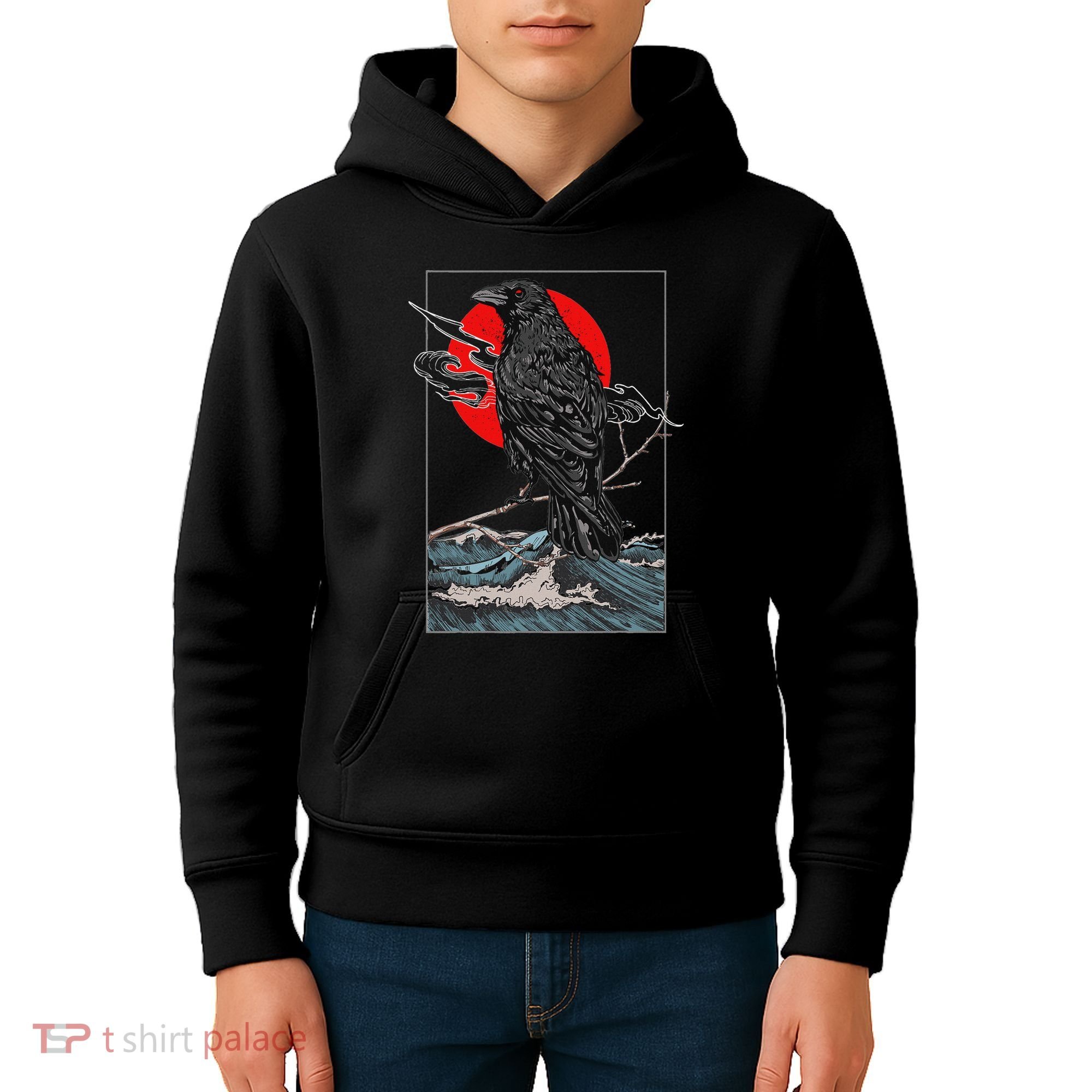 Red Moon Raven Graphic Black Crow Kids Hoodie