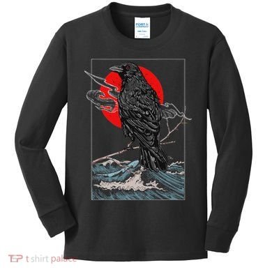 Red Moon Raven Graphic Black Crow Kids Long Sleeve Shirt