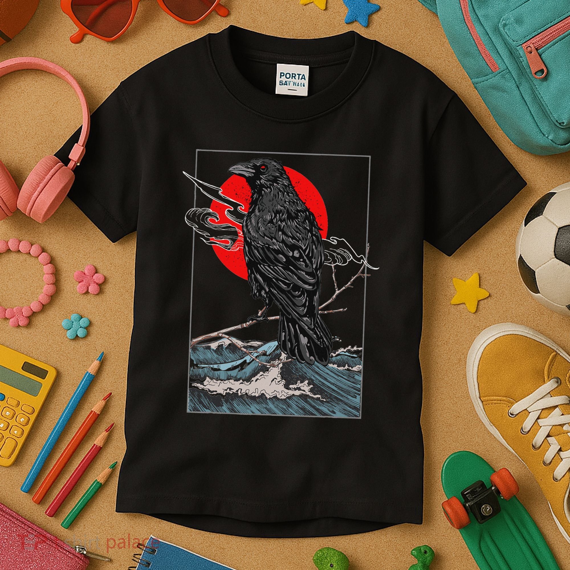 Red Moon Raven Graphic Black Crow Kids T-Shirt