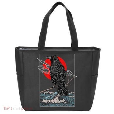 Red Moon Raven Graphic Black Crow Tote Bag
