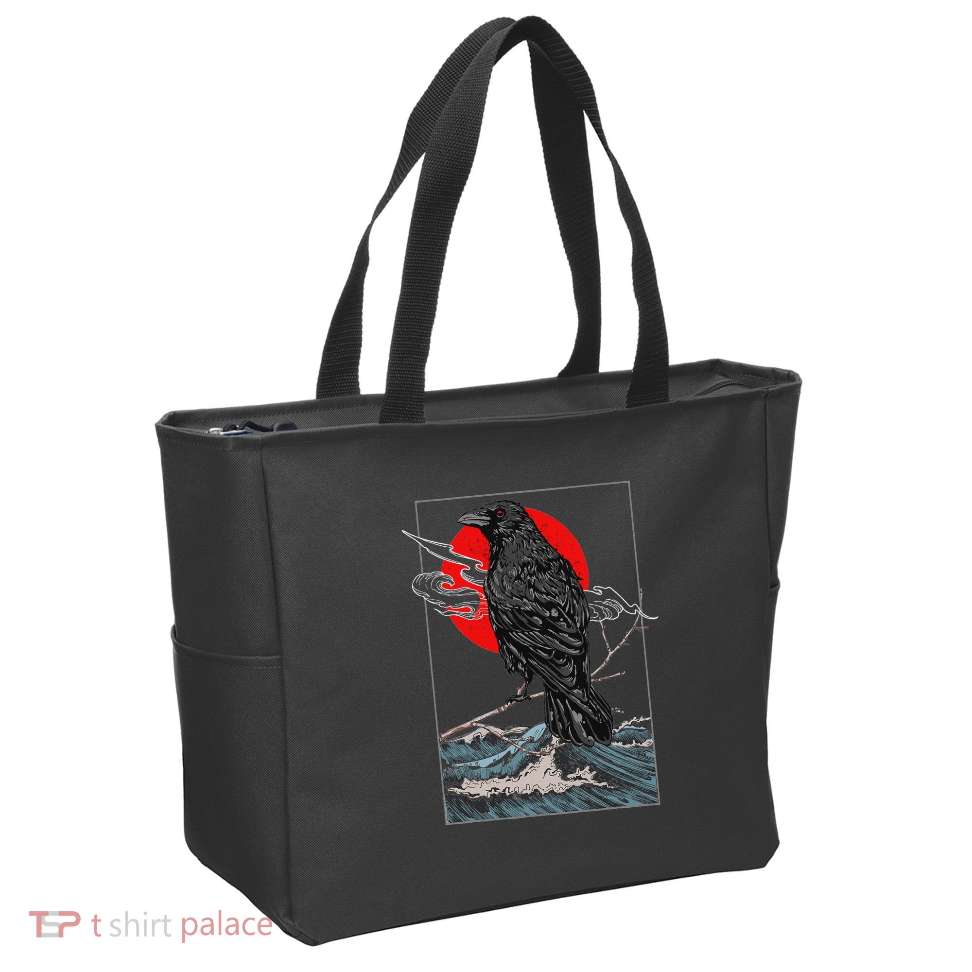 Red Moon Raven Graphic Black Crow Tote Bag
