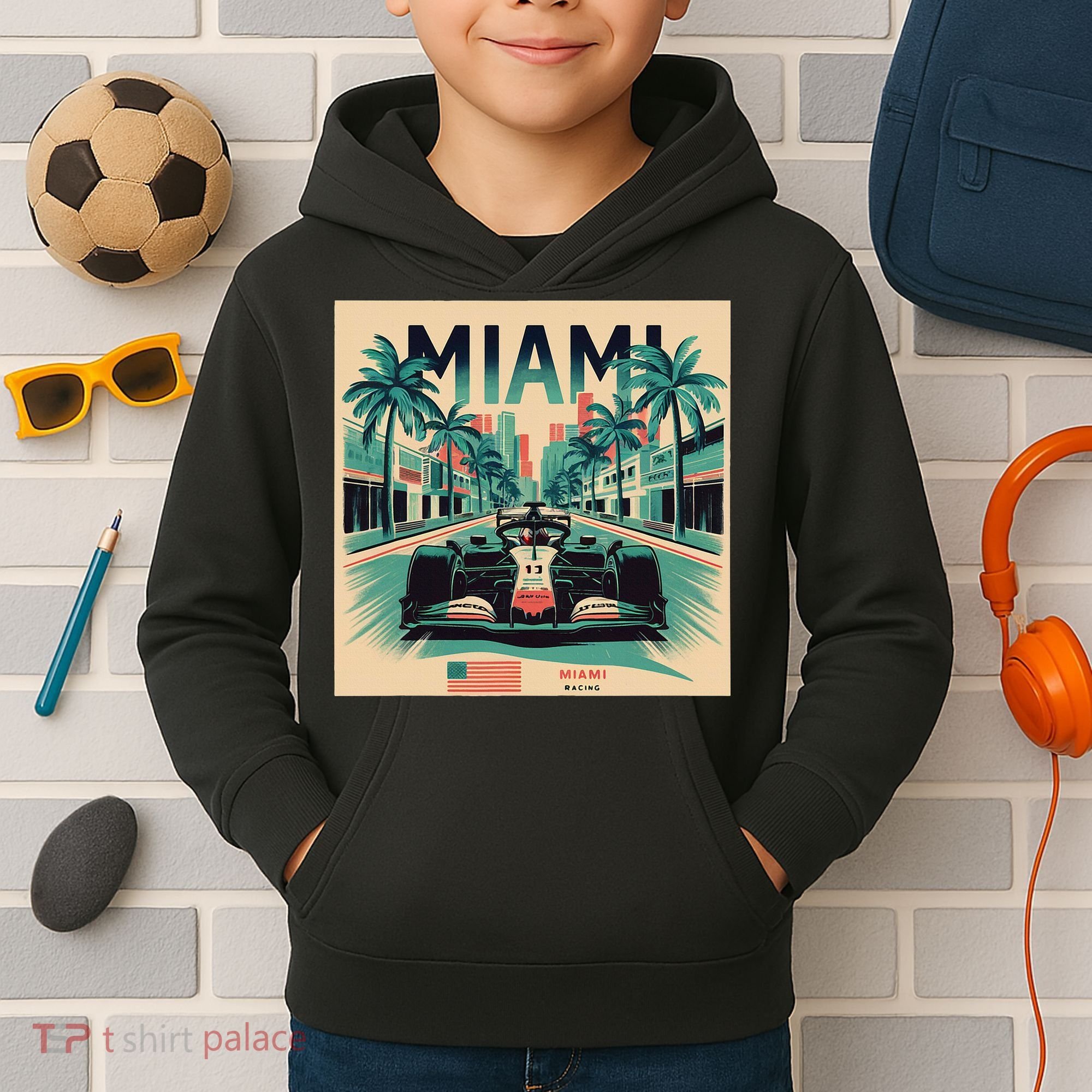 Retro Miami Racing Car Formula Racing Kids Hoodie