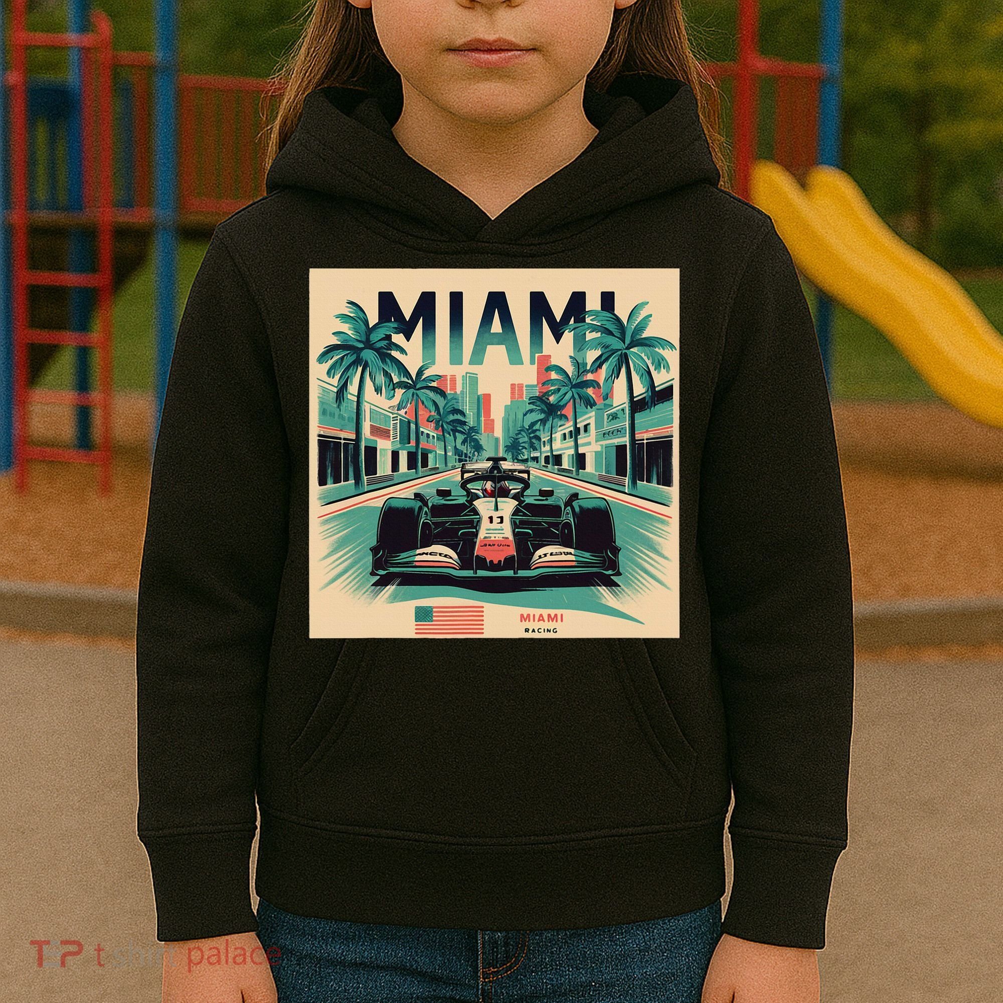 Retro Miami Racing Car Formula Racing Kids Hoodie