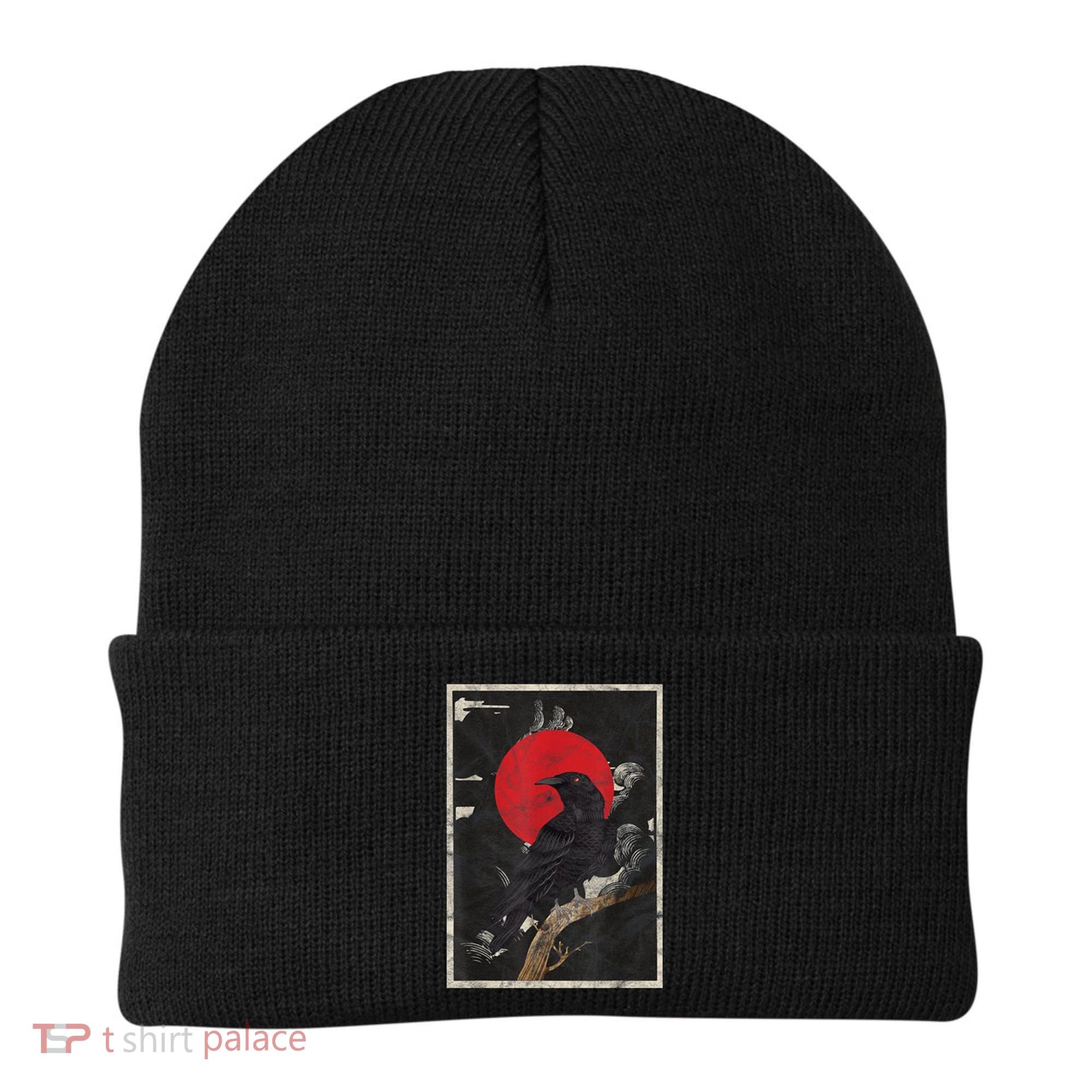 Red Moon Raven Graphic Black Crow Beanie