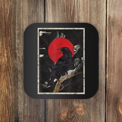 Red Moon Raven Graphic Black Crow Coaster