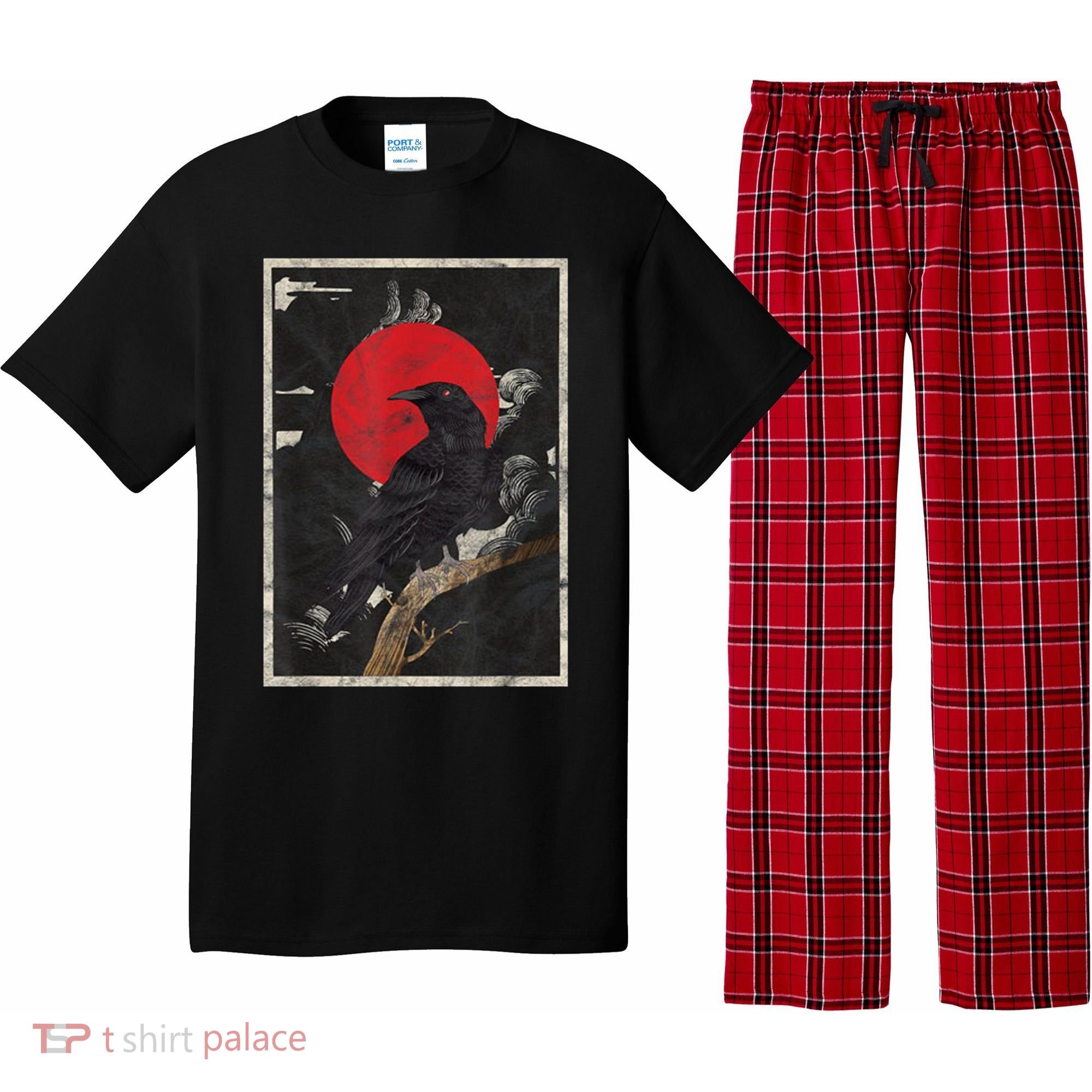 Red Moon Raven Graphic Black Crow Pajama Set