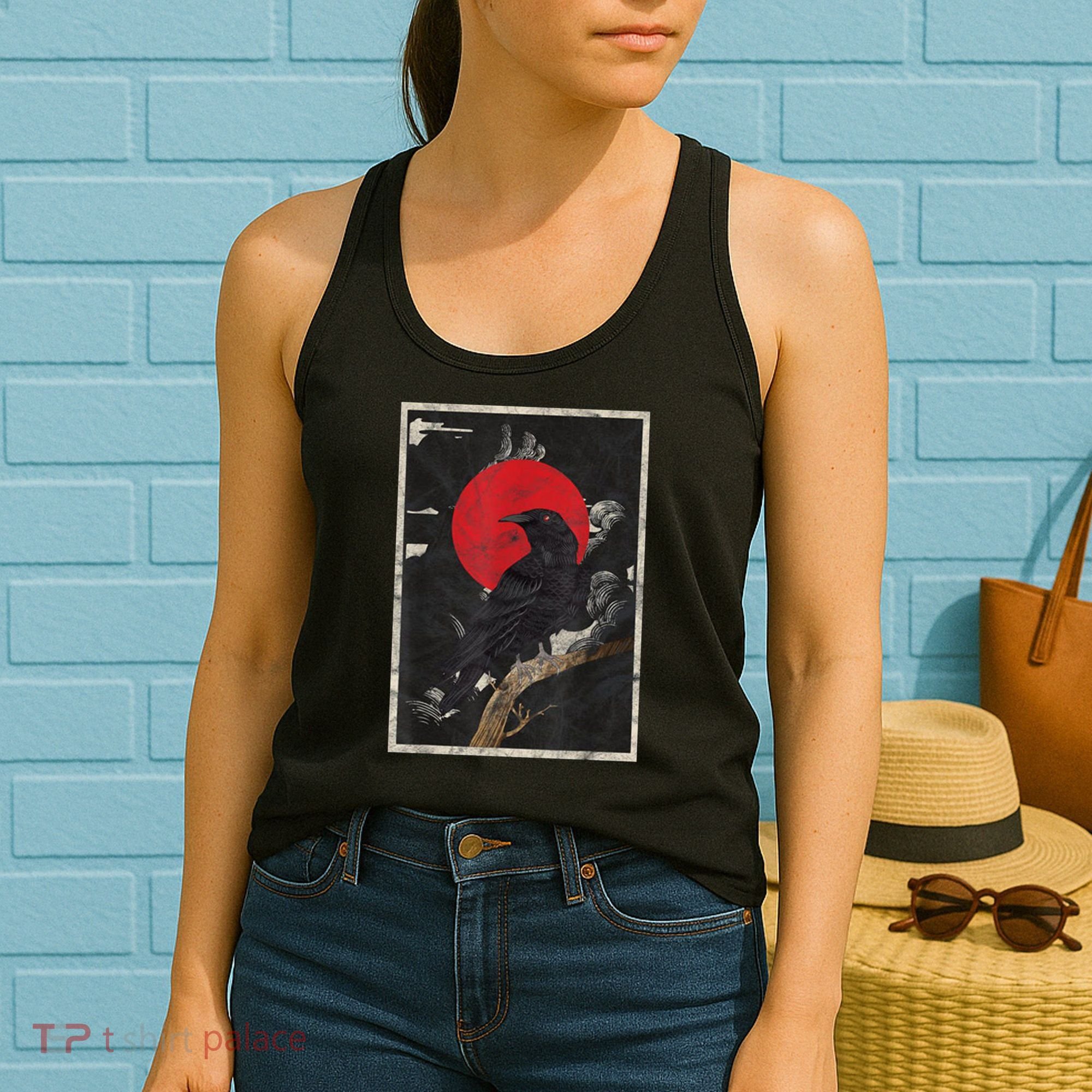 Red Moon Raven Graphic Black Crow Women's Tank Top