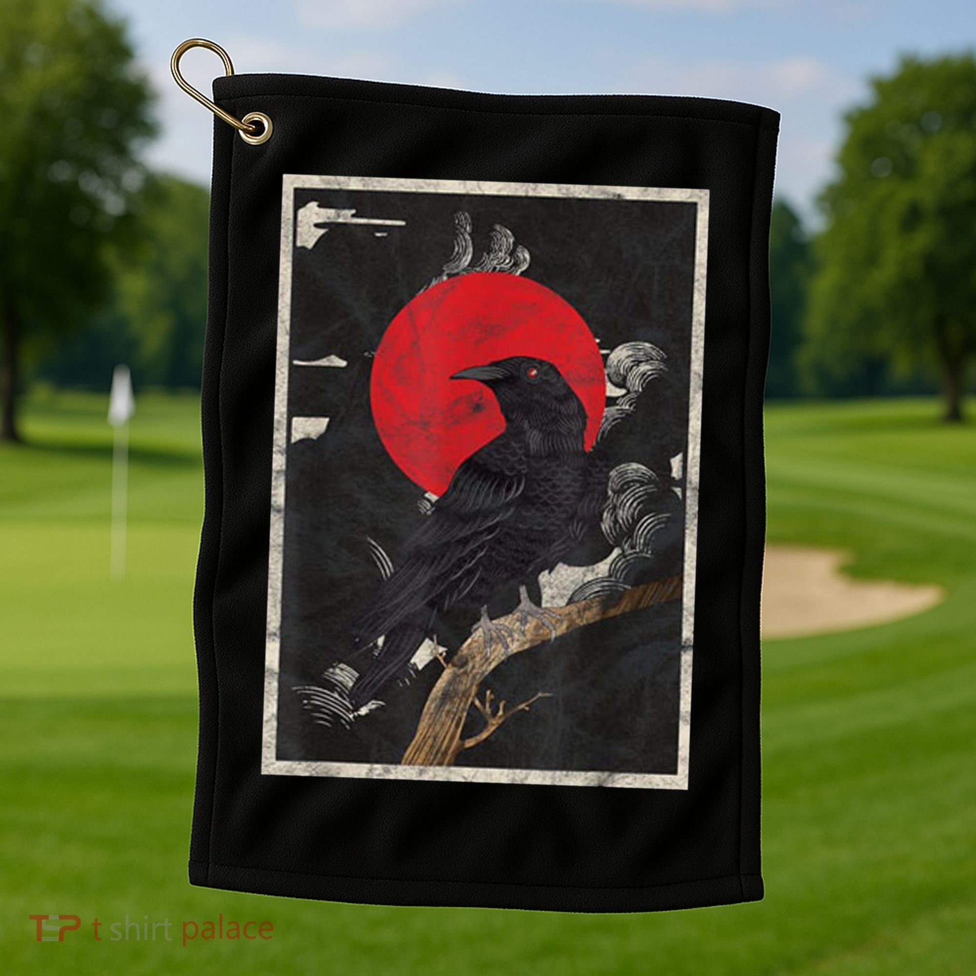 Red Moon Raven Graphic Black Crow Golf Towel