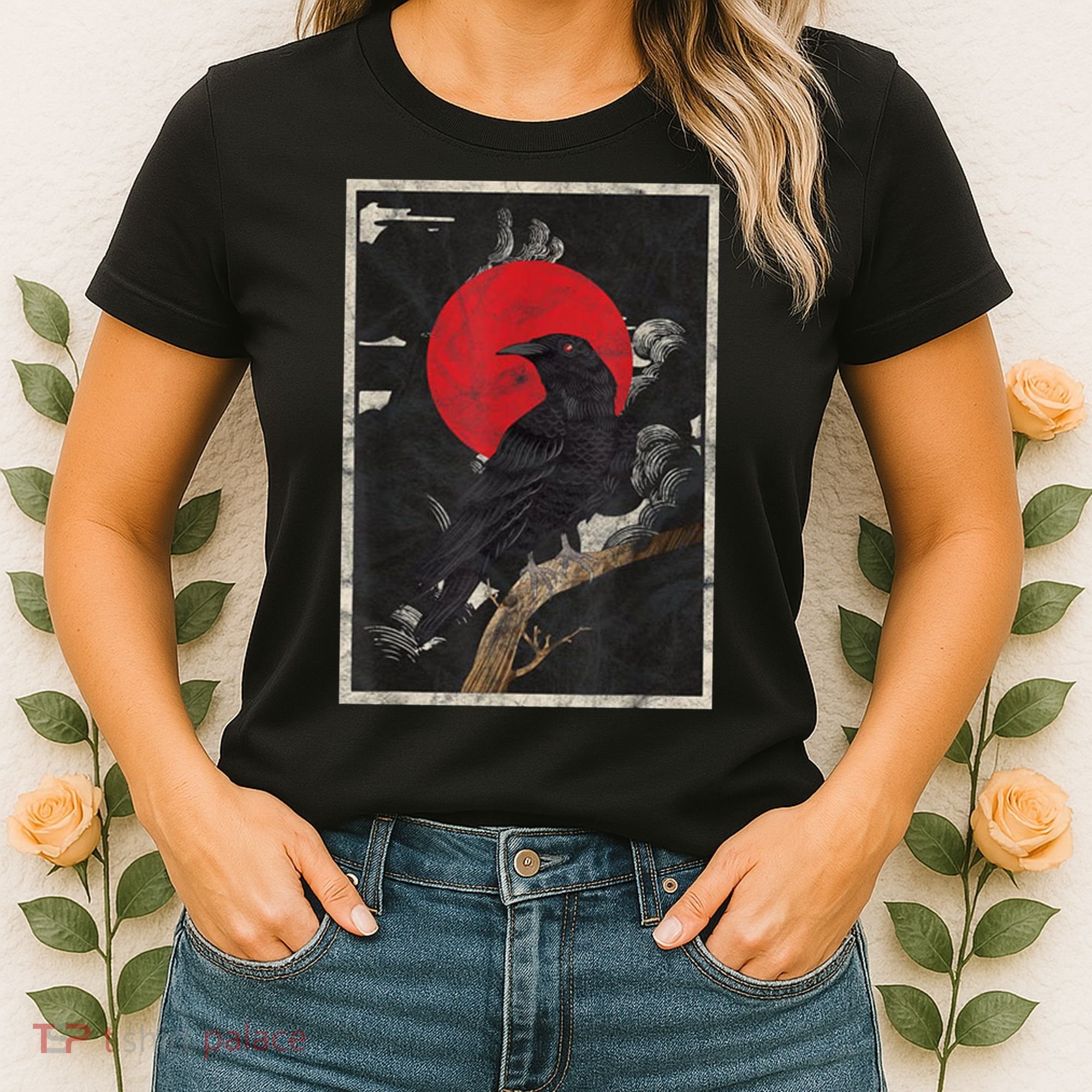 Red Moon Raven Graphic Black Crow Women's T-Shirt