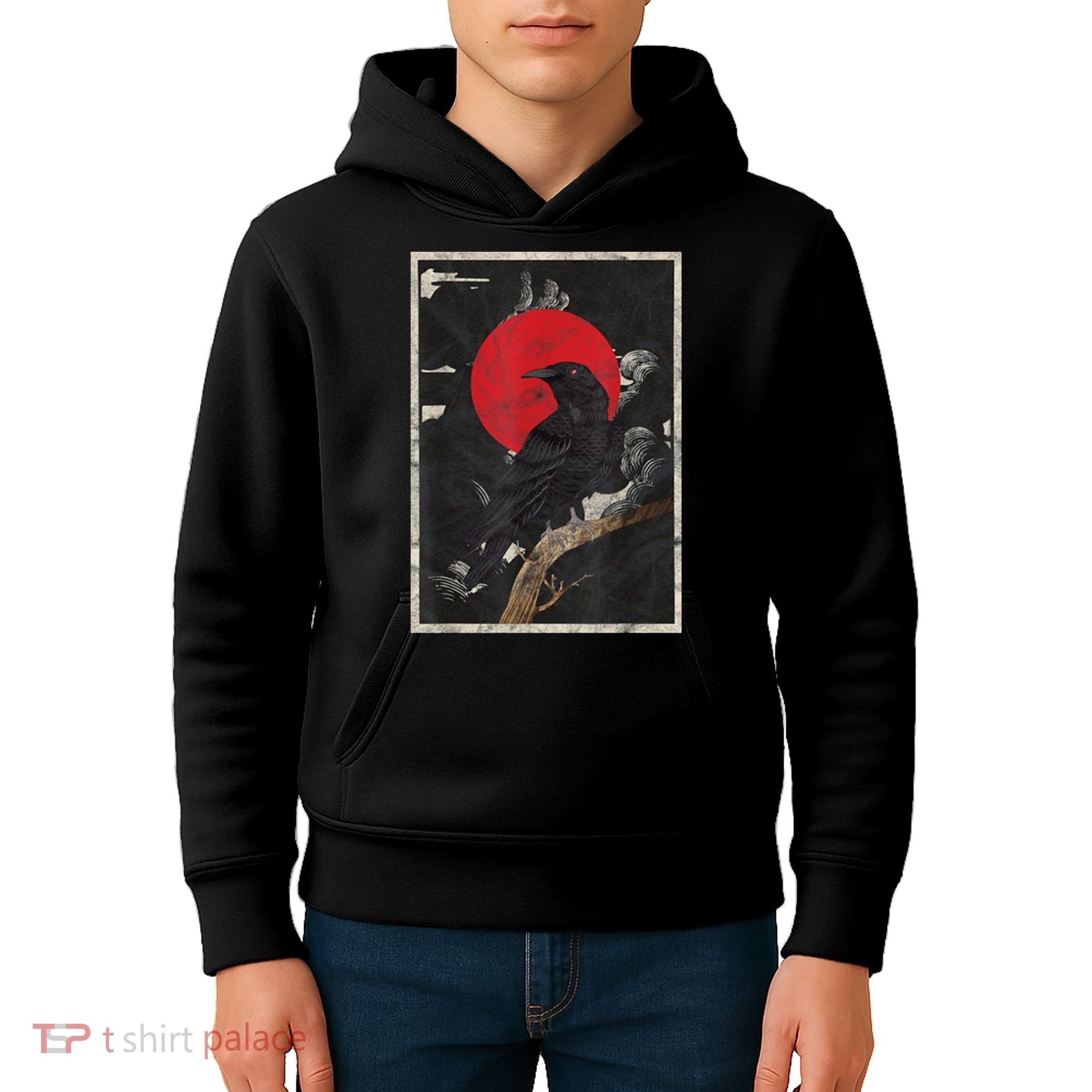 Red Moon Raven Graphic Black Crow Kids Hoodie