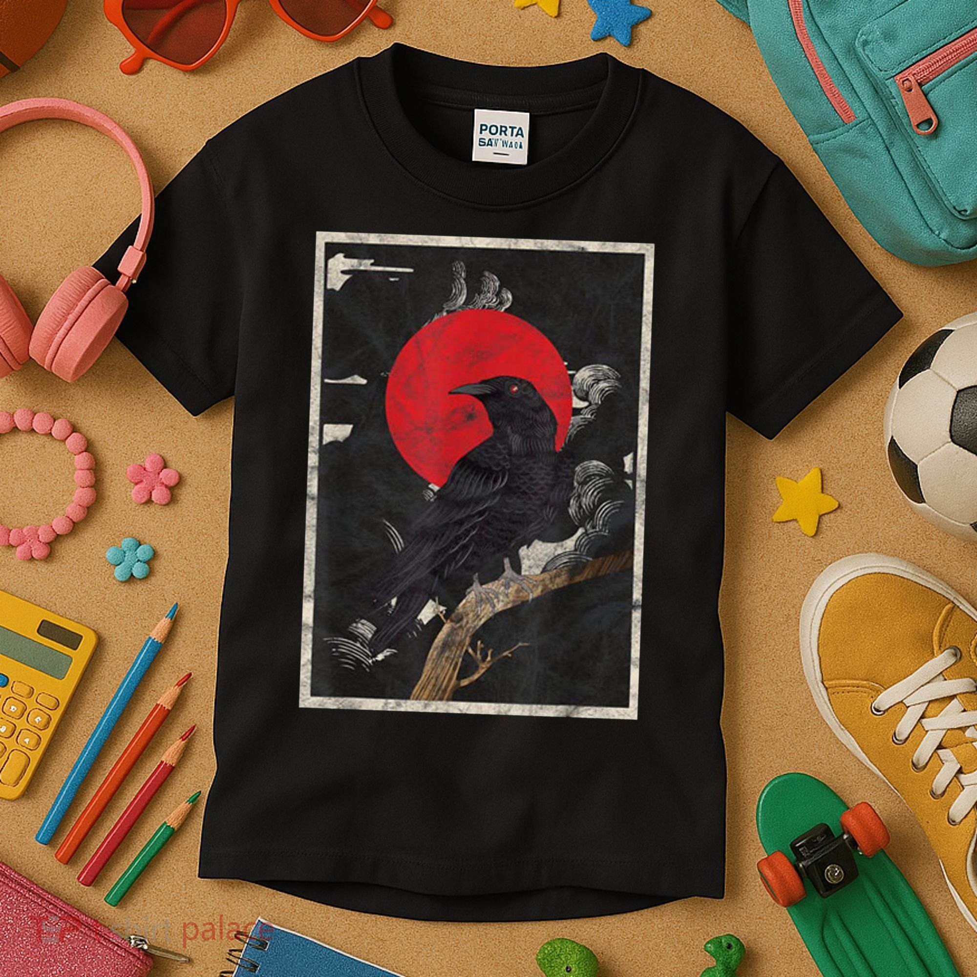 Red Moon Raven Graphic Black Crow Kids T-Shirt