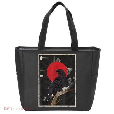 Red Moon Raven Graphic Black Crow Tote Bag