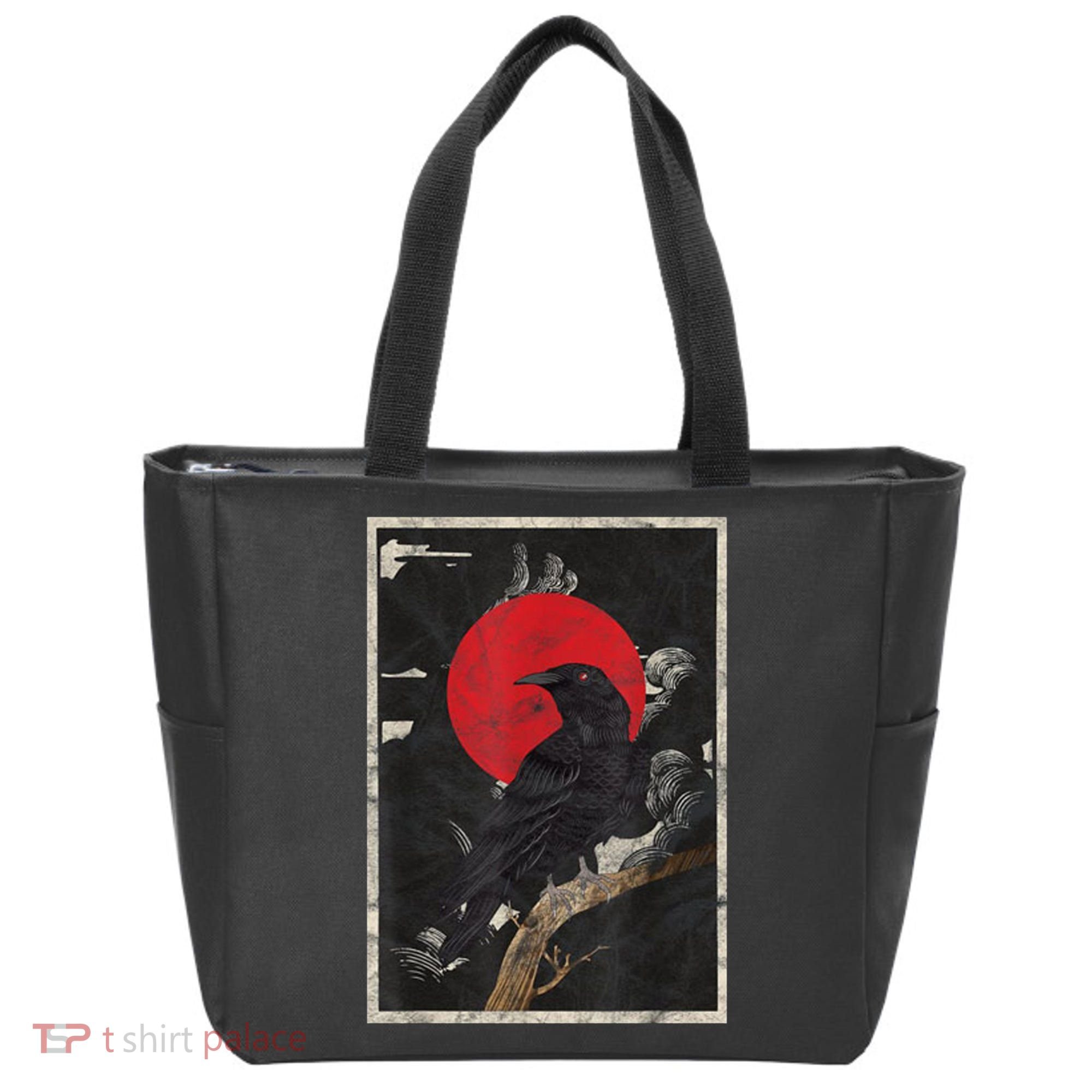 Red Moon Raven Graphic Black Crow Tote Bag