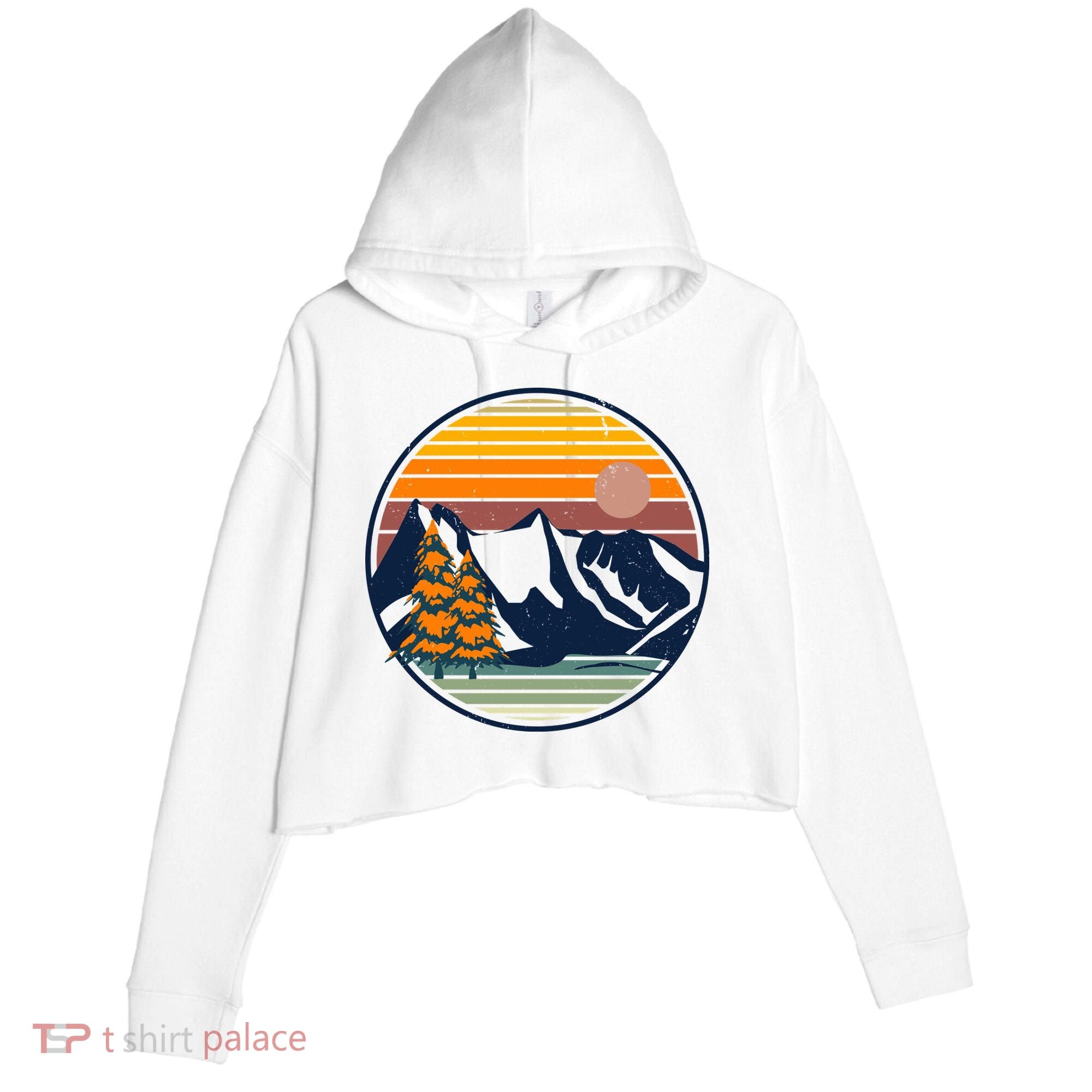 Retro Mountain Sunset Nature Crop Fleece Hoodie