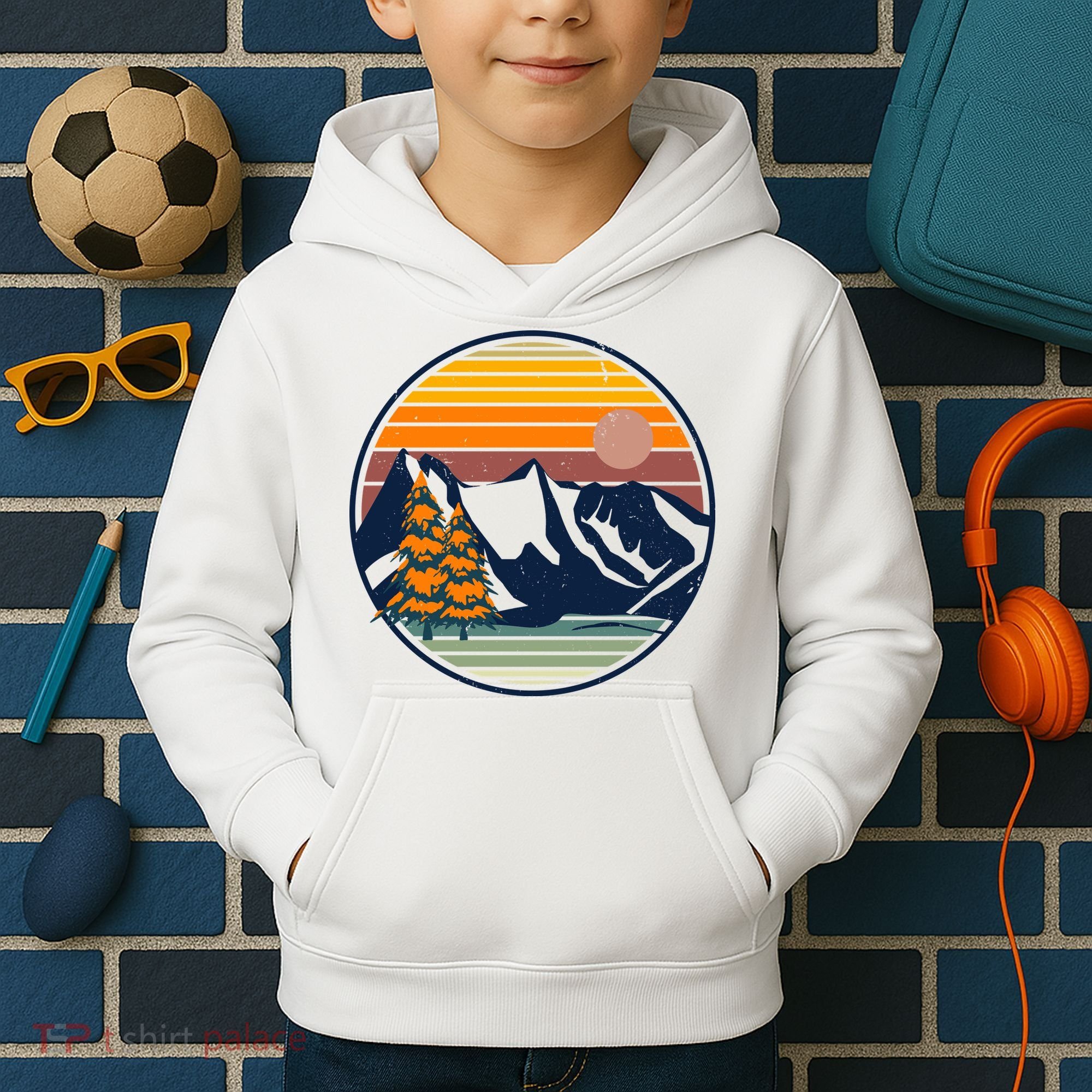 Retro Mountain Sunset Nature Kids Hoodie