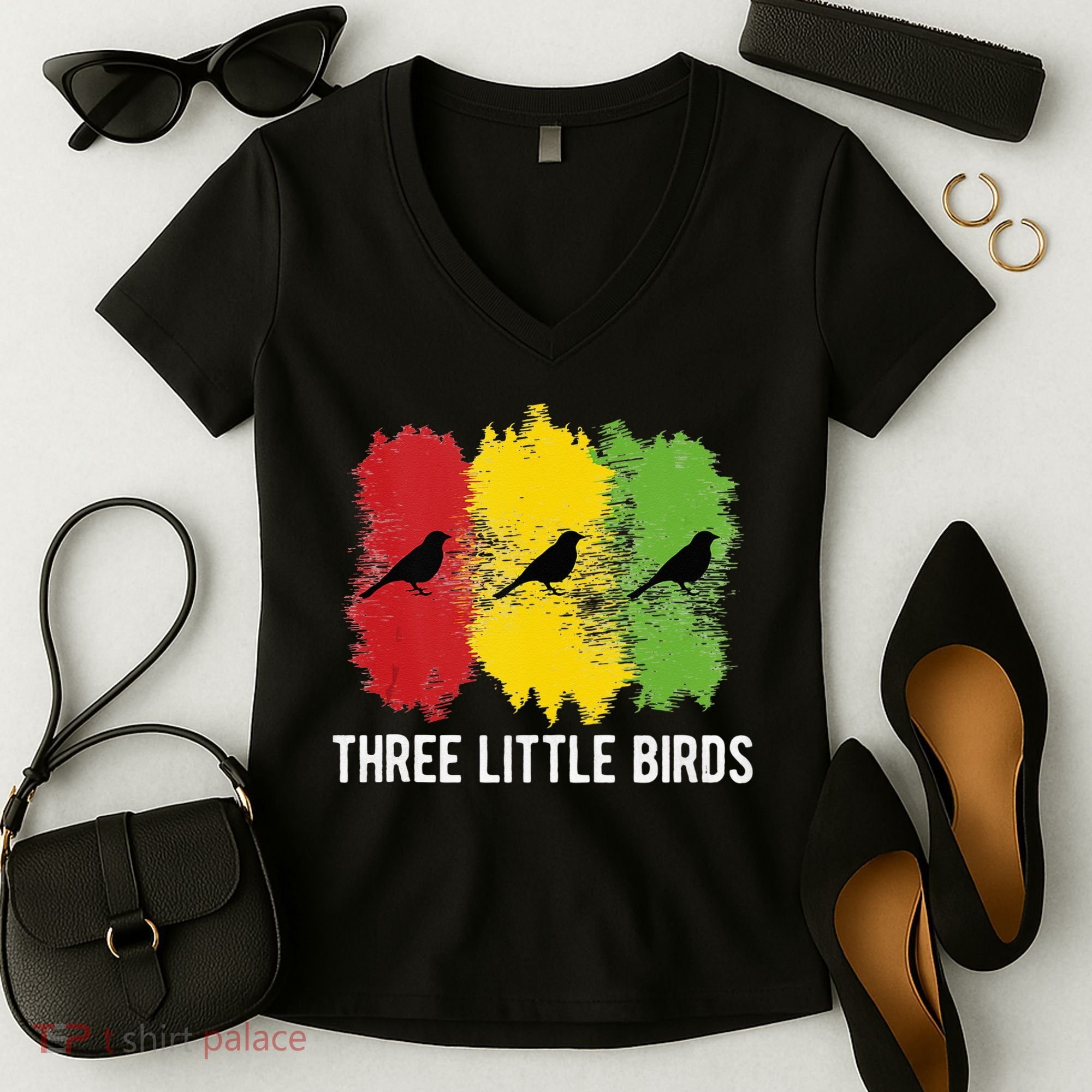 Reggae Music Three Little Birds Quote Slogan Fun Gift Women's V-Neck T-Shirt