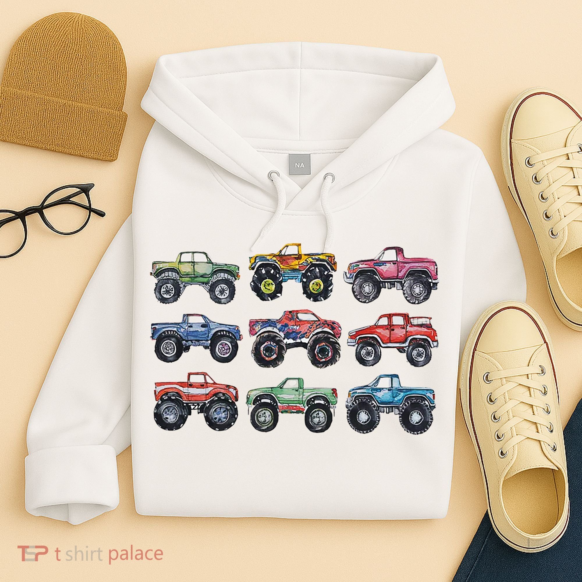 Retro Monster Trucks In A Row Hoodie