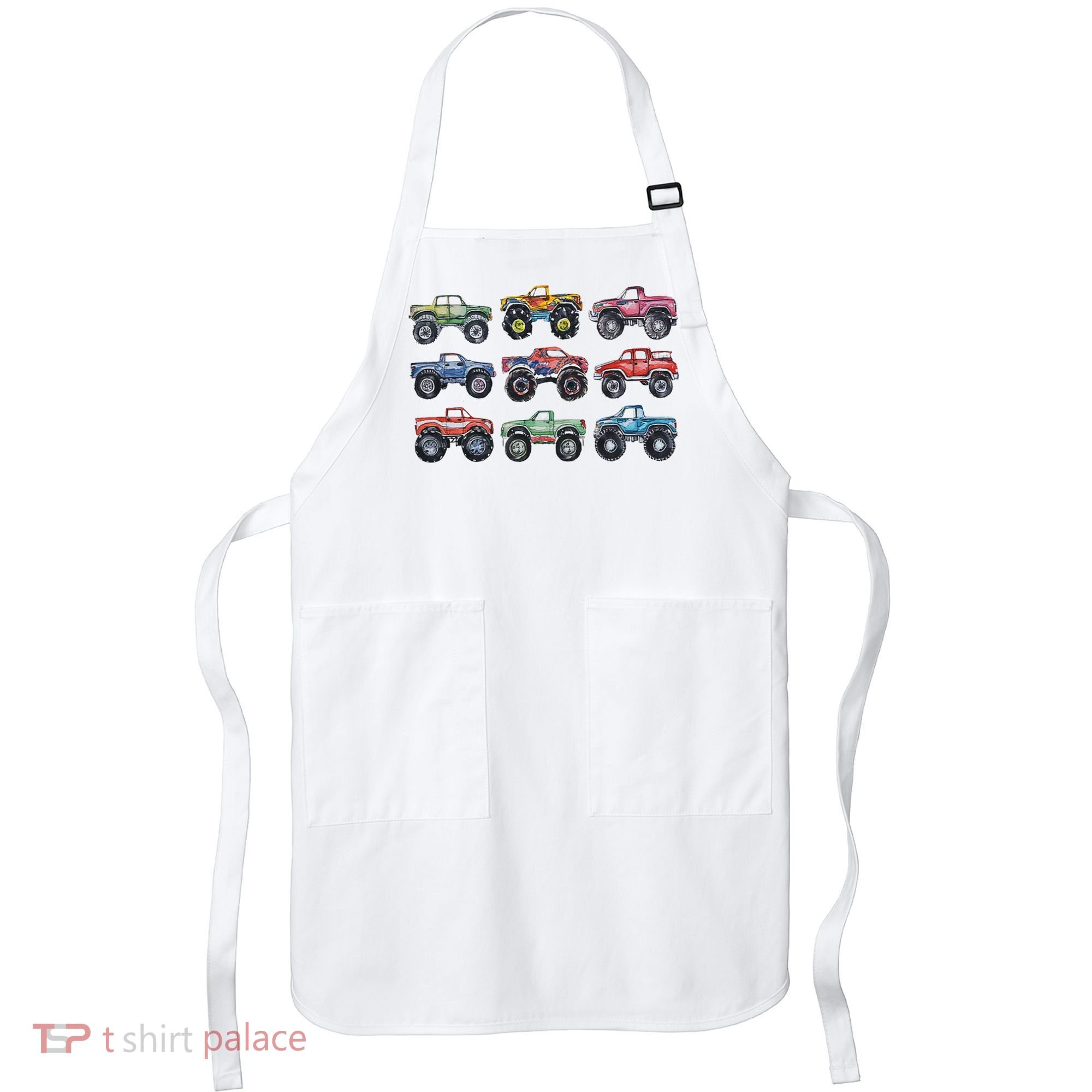 Retro Monster Trucks In A Row Apron