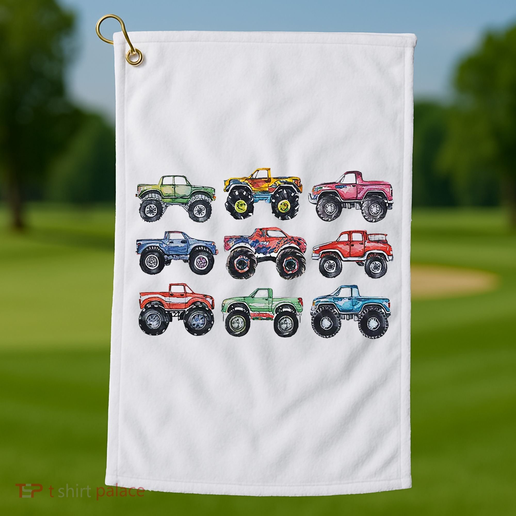 Retro Monster Trucks In A Row Golf Towel