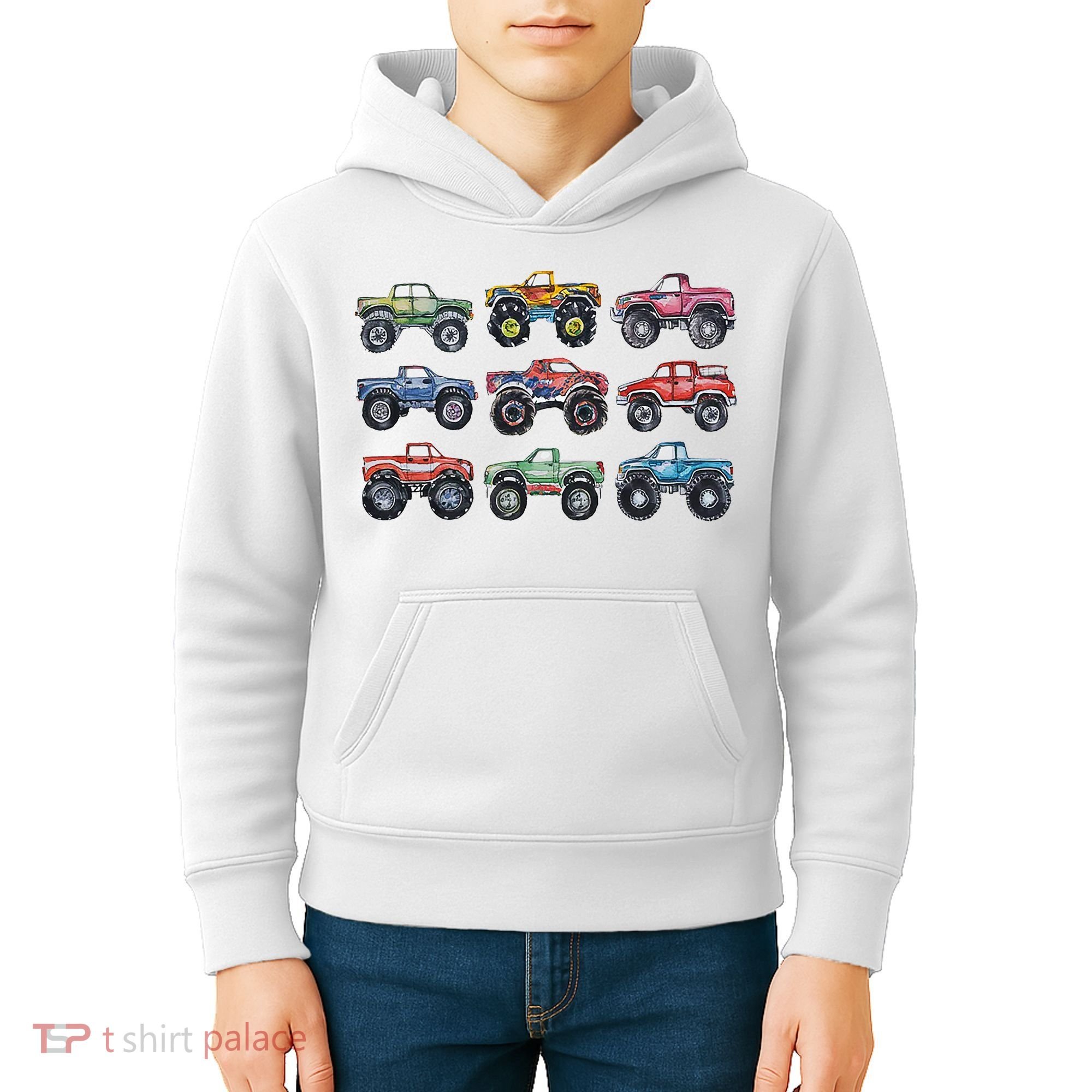 Retro Monster Trucks In A Row Kids Hoodie