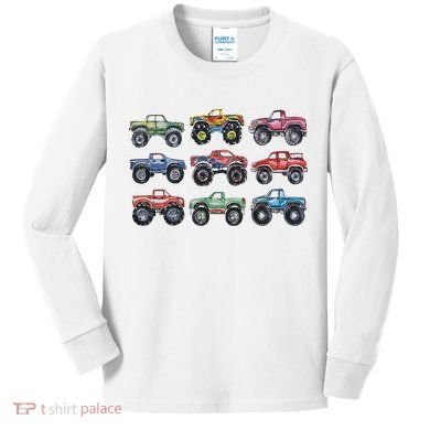 Retro Monster Trucks In A Row Kids Long Sleeve Shirt