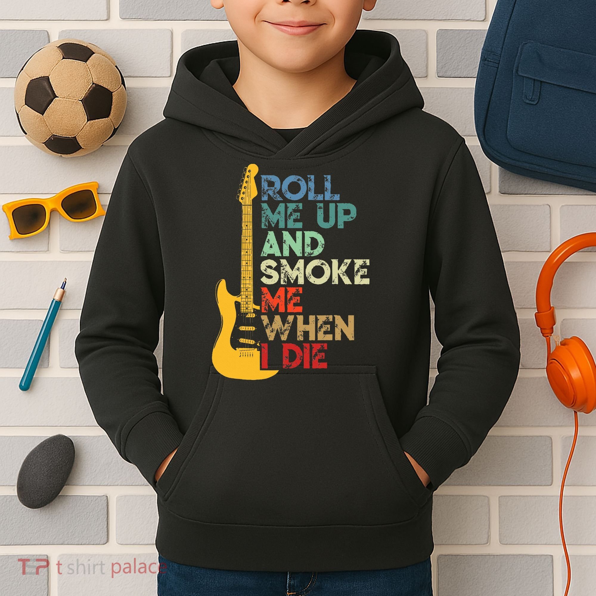 Roll Me Up And Smoke Me When I Die Guitar Kids Hoodie