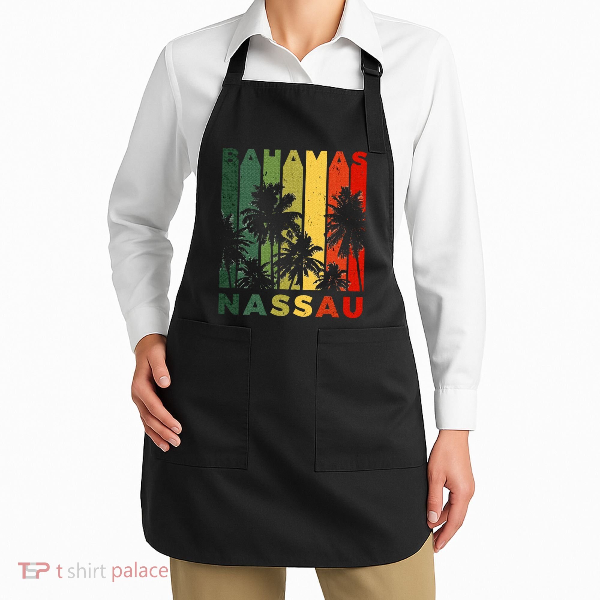 Retro Nassau Bahamas Beach Fan Palm Tree Cool Souvenir Apron