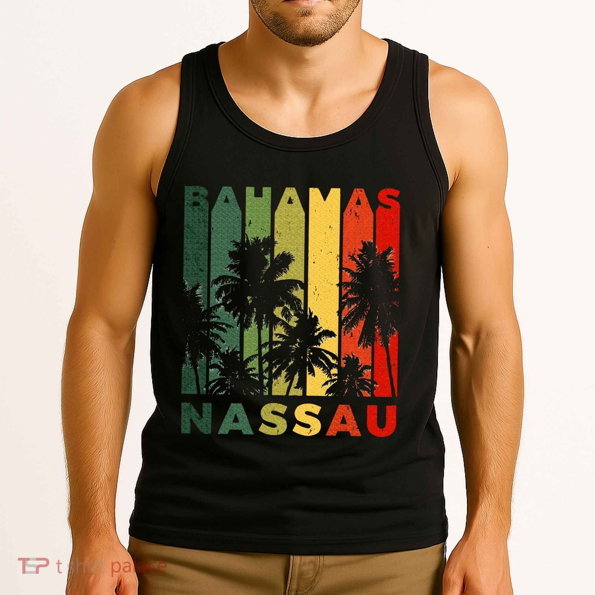 Retro Nassau Bahamas Beach Fan Palm Tree Cool Souvenir Tank Top