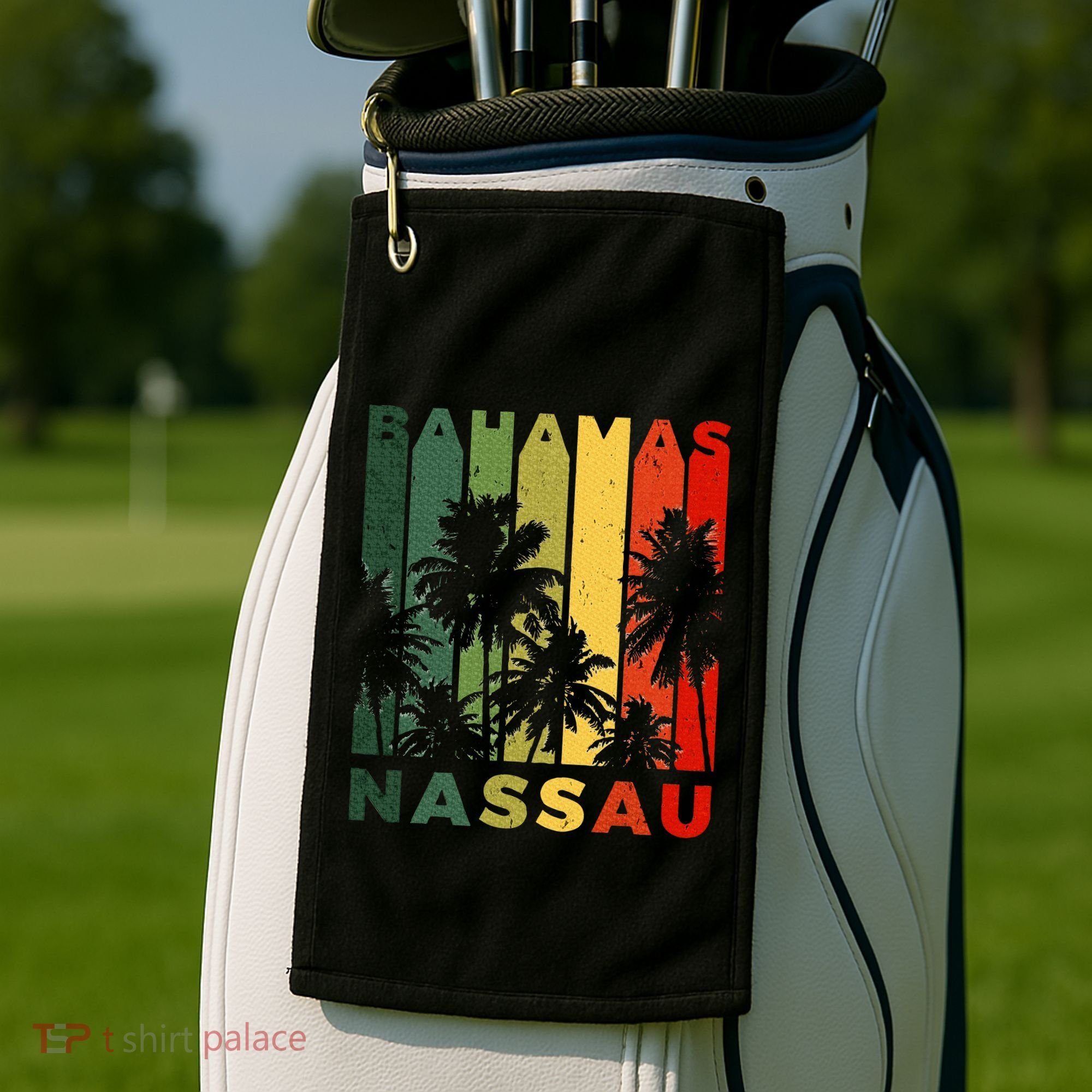 Retro Nassau Bahamas Beach Fan Palm Tree Cool Souvenir Golf Towel