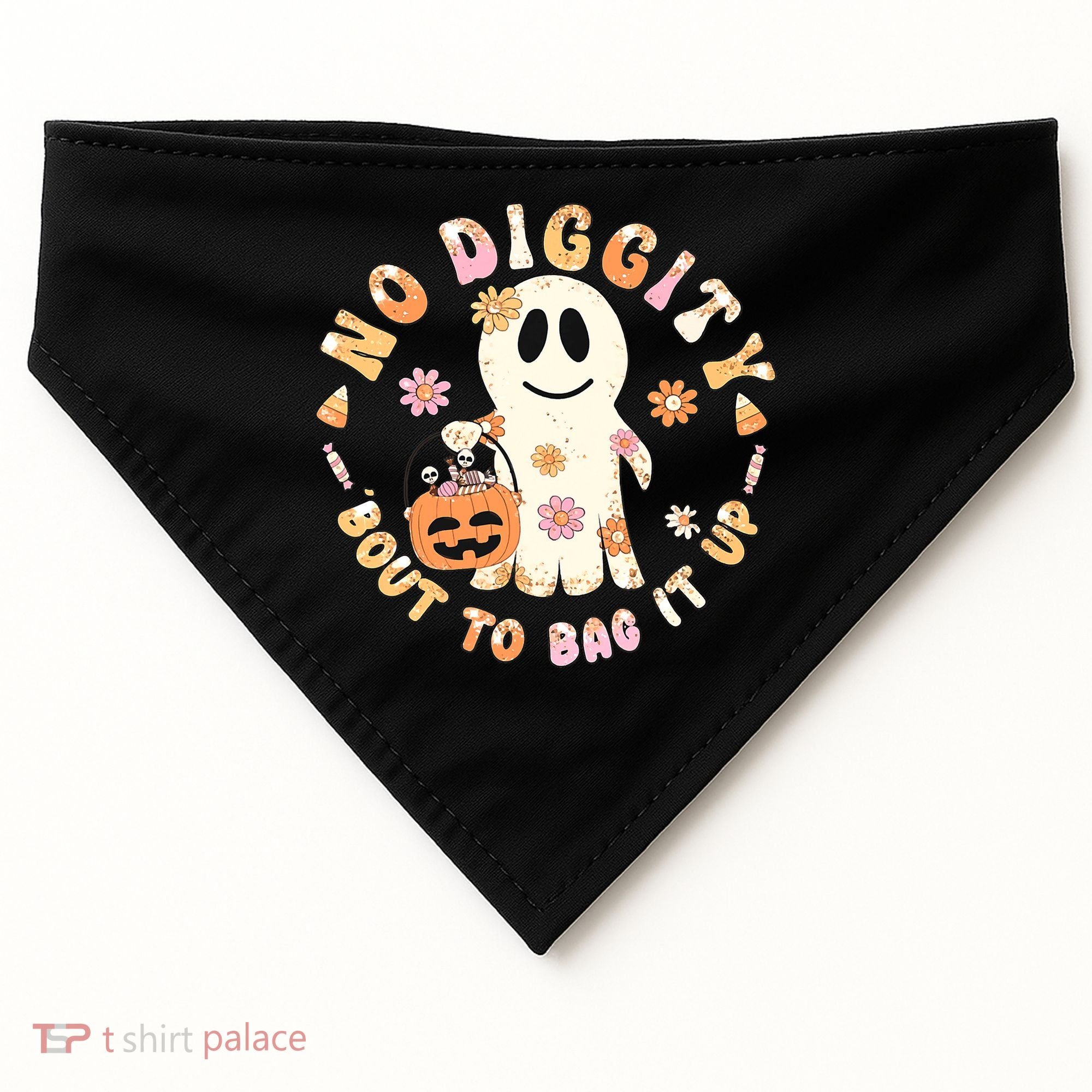 Retro No Diggity Bout To Bag It Up Cute Ghost Halloween USA-Made Doggie Bandana