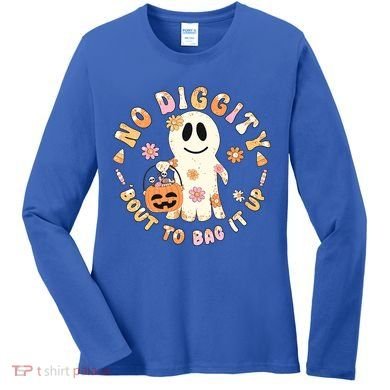 Retro No Diggity Bout To Bag It Up Cute Ghost Halloween Women's Long Sleeve Shirt