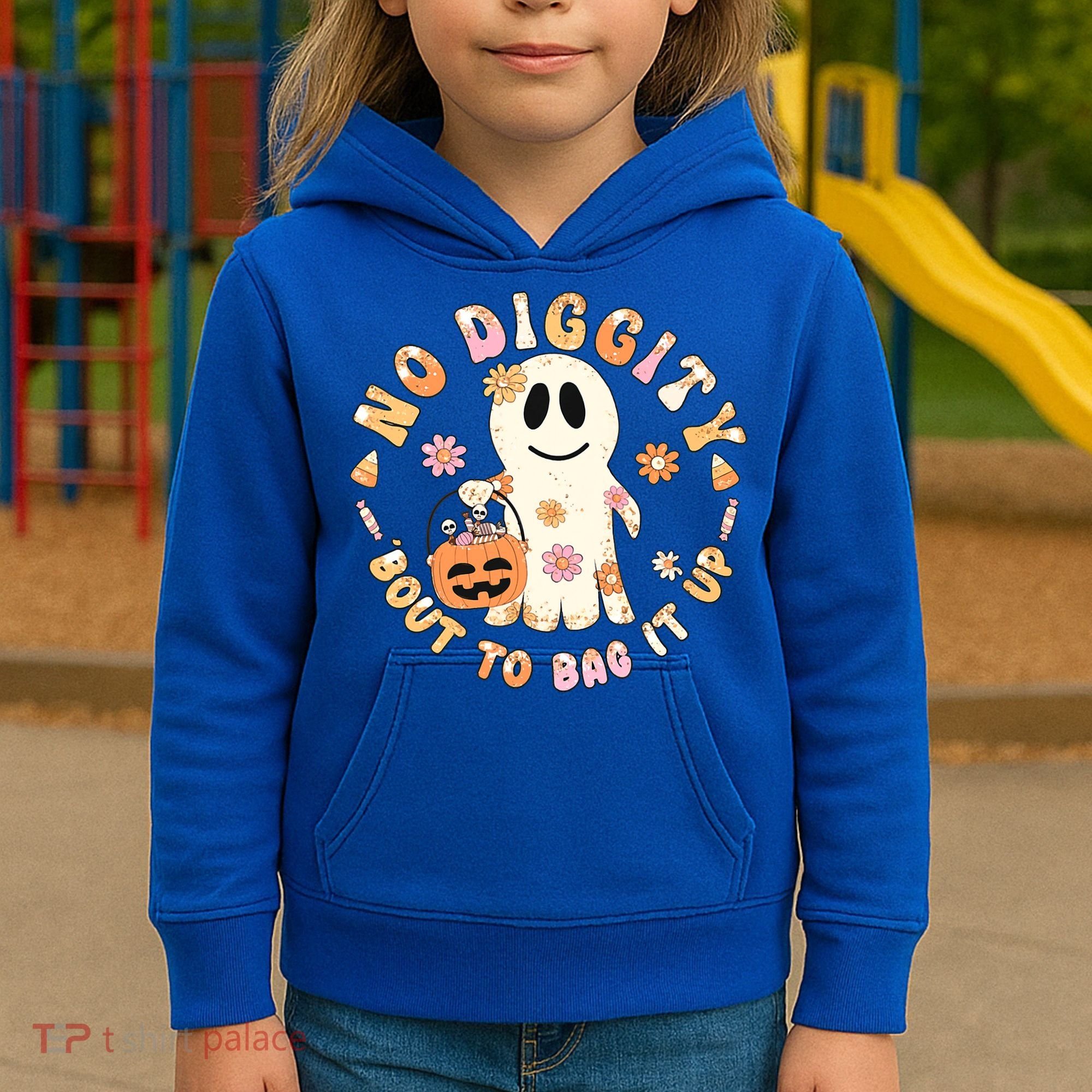 Retro No Diggity Bout To Bag It Up Cute Ghost Halloween Kids Hoodie
