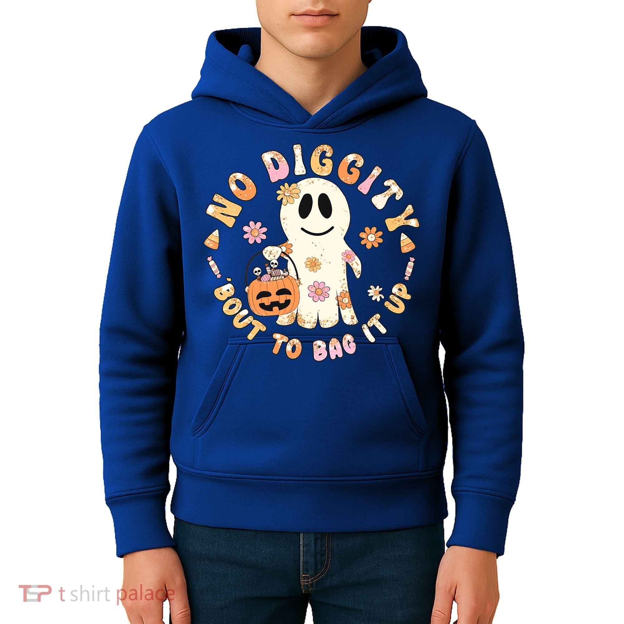 Retro No Diggity Bout To Bag It Up Cute Ghost Halloween Kids Hoodie