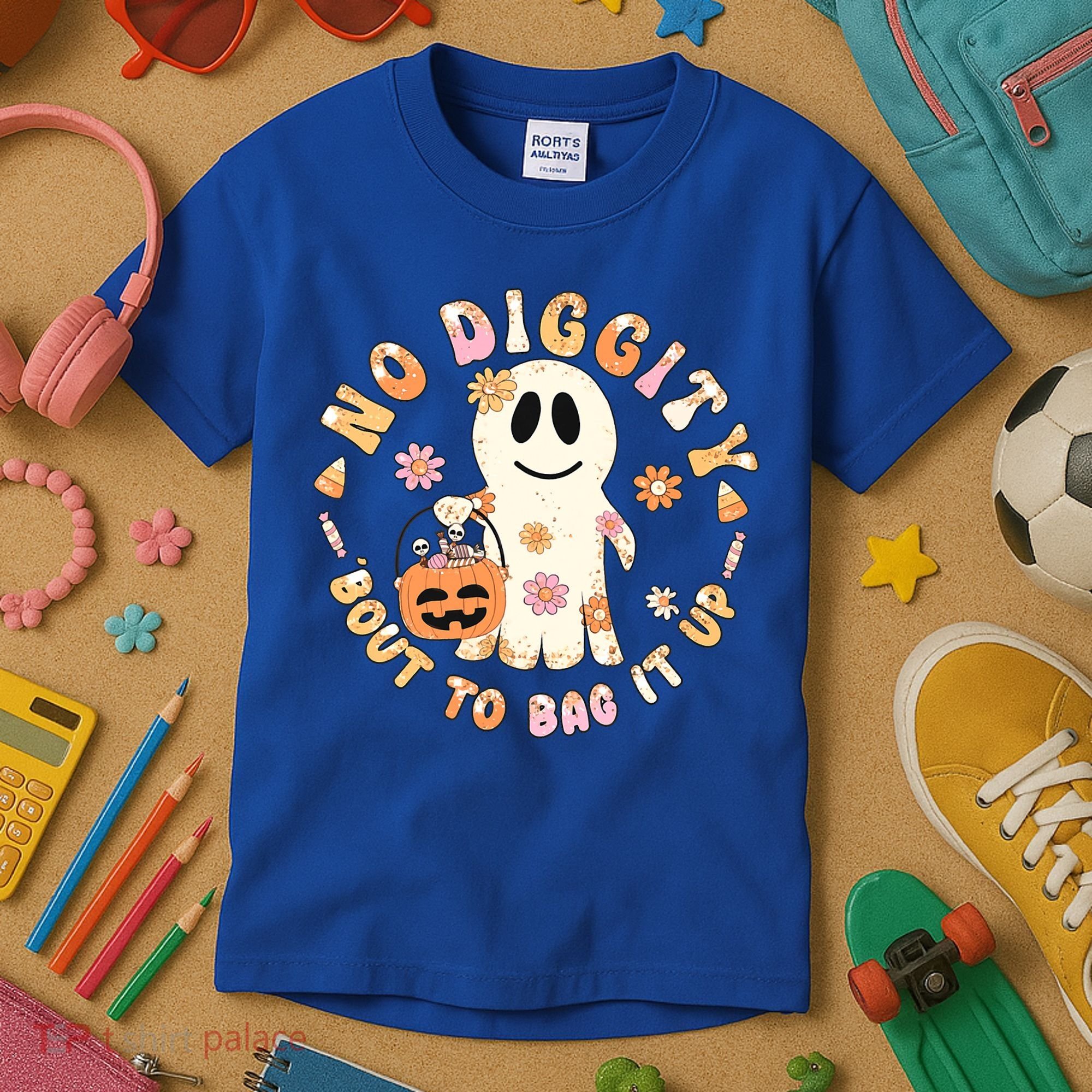 Retro No Diggity Bout To Bag It Up Cute Ghost Halloween Kids T-Shirt