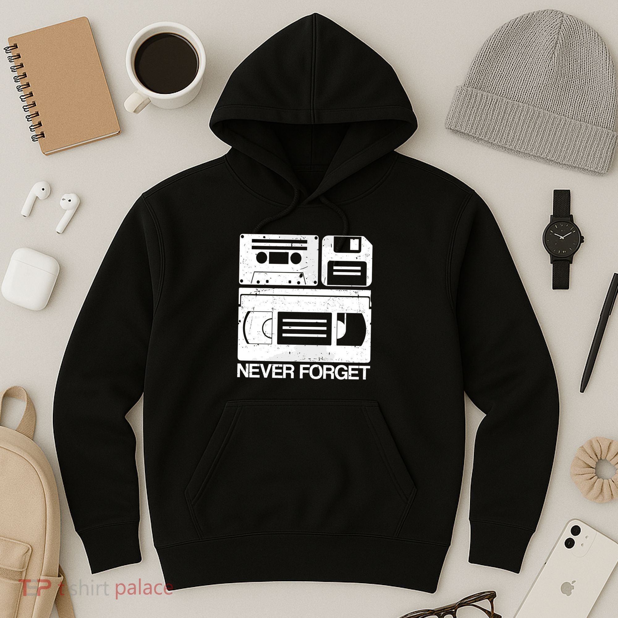 Retro Never Forget Cassette Floppy Disk Vhs Tape Hoodie