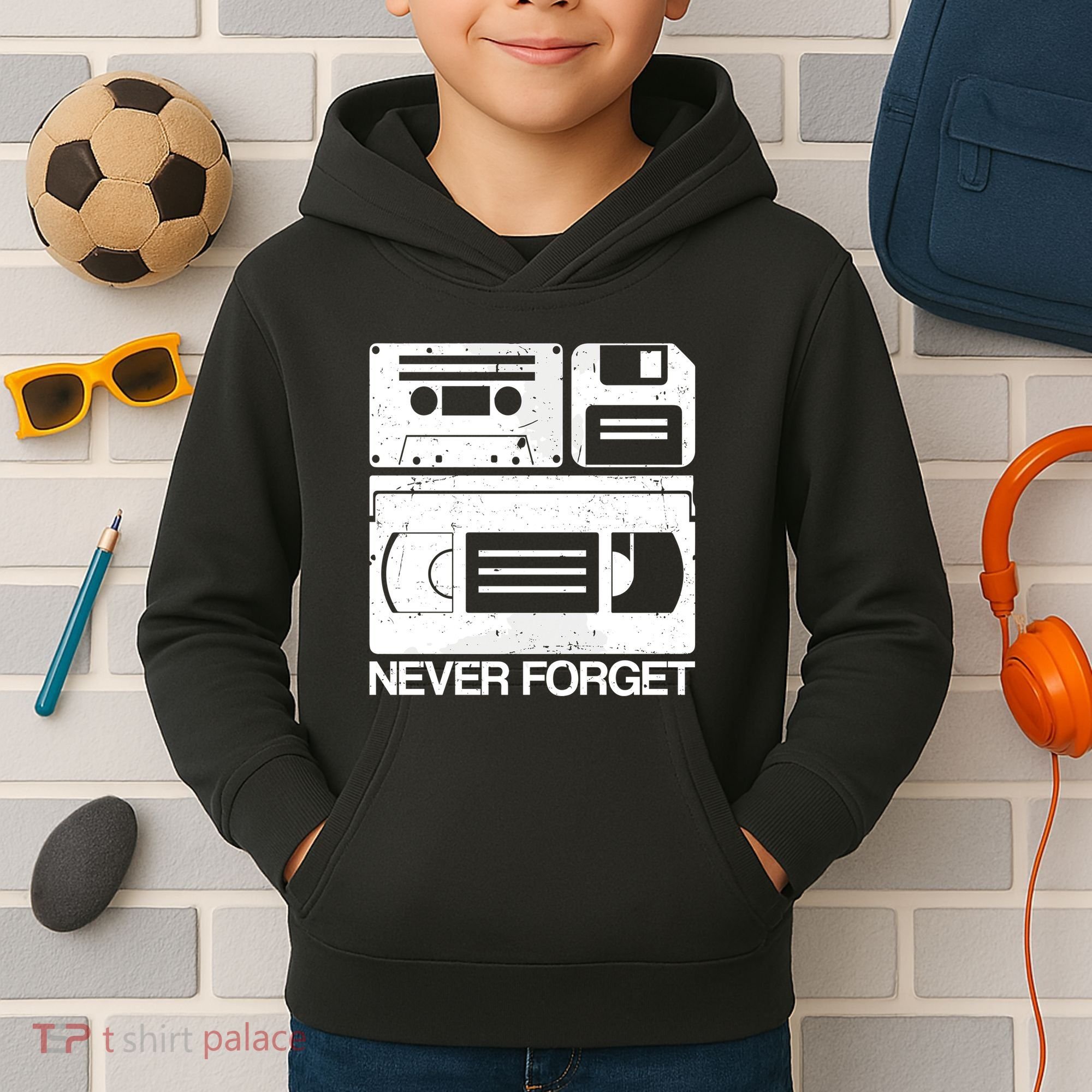 Retro Never Forget Cassette Floppy Disk Vhs Tape Kids Hoodie