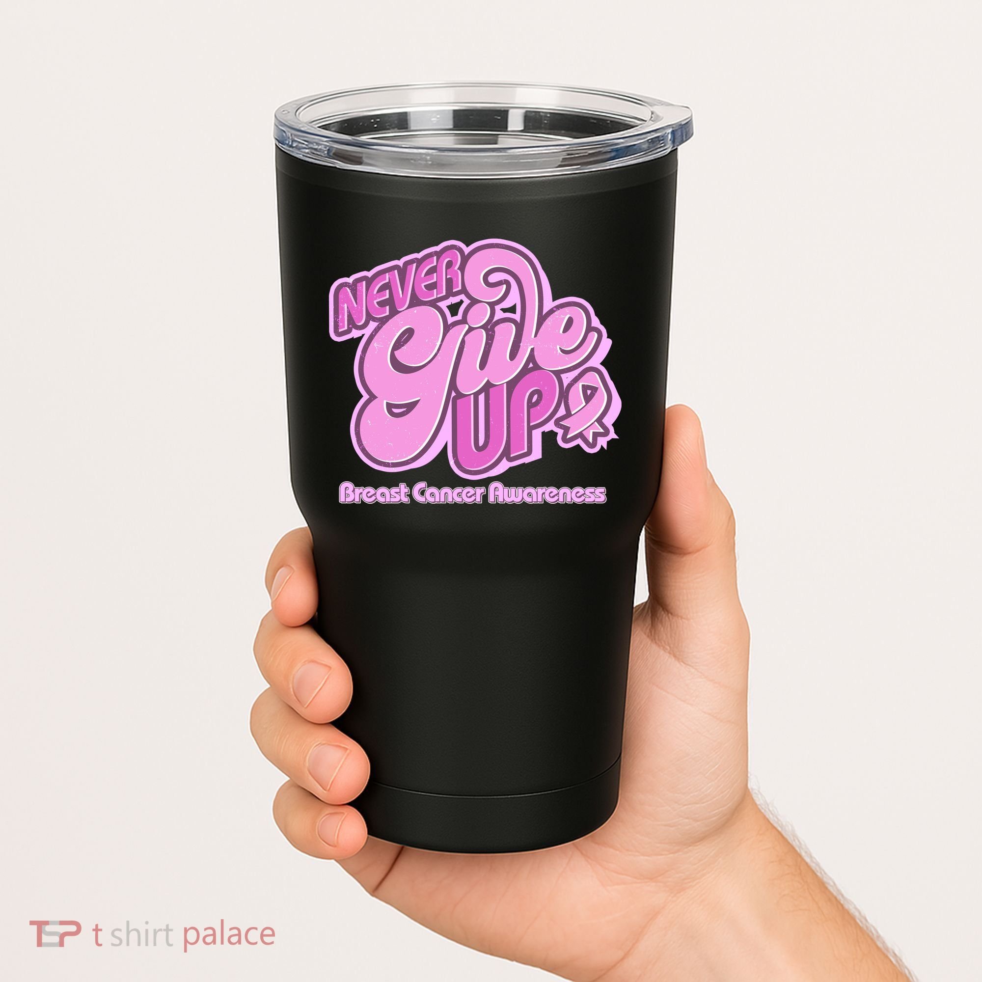 Retro Never Give Up Breast Cancer Awareness Tumbler