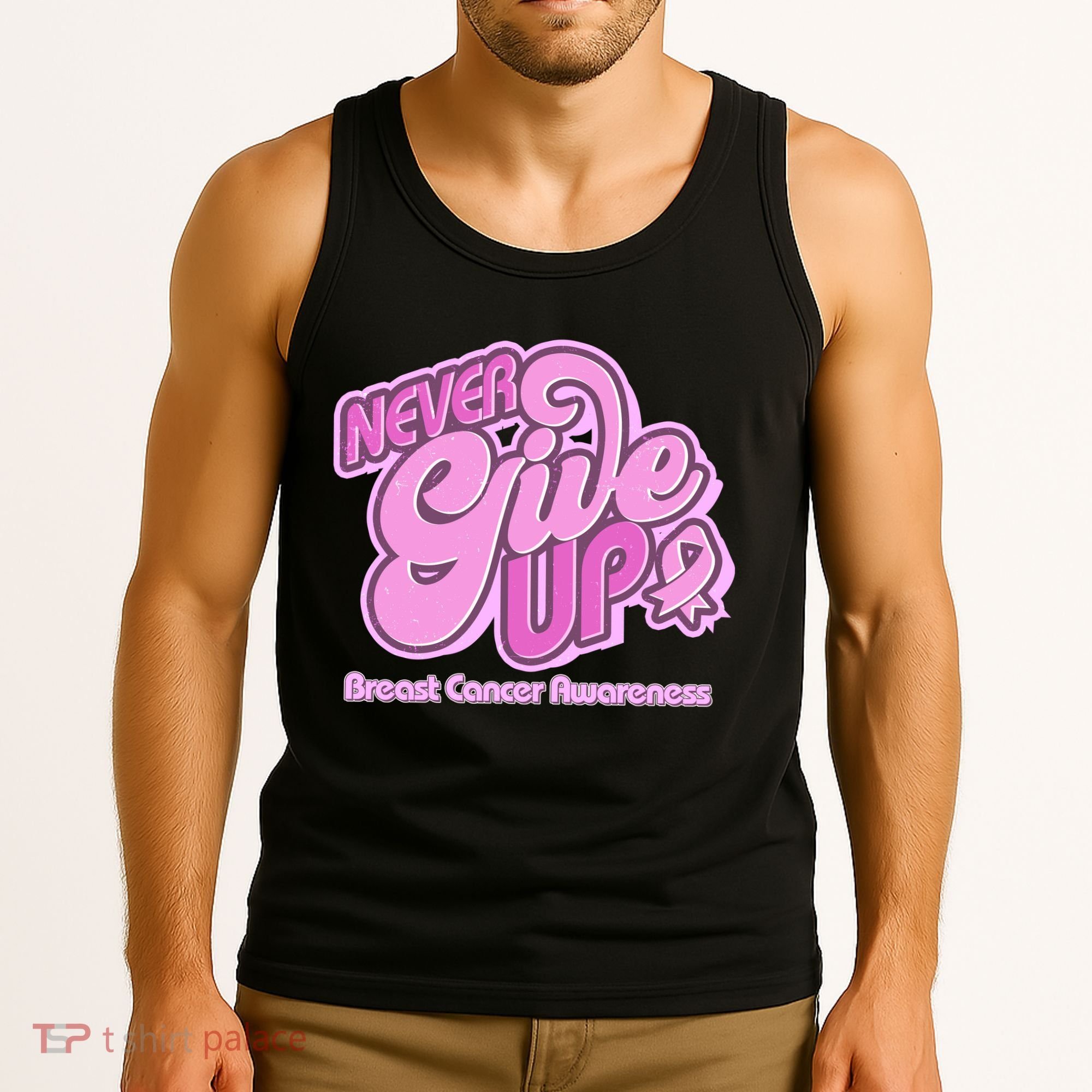 Retro Never Give Up Breast Cancer Awareness Tank Top