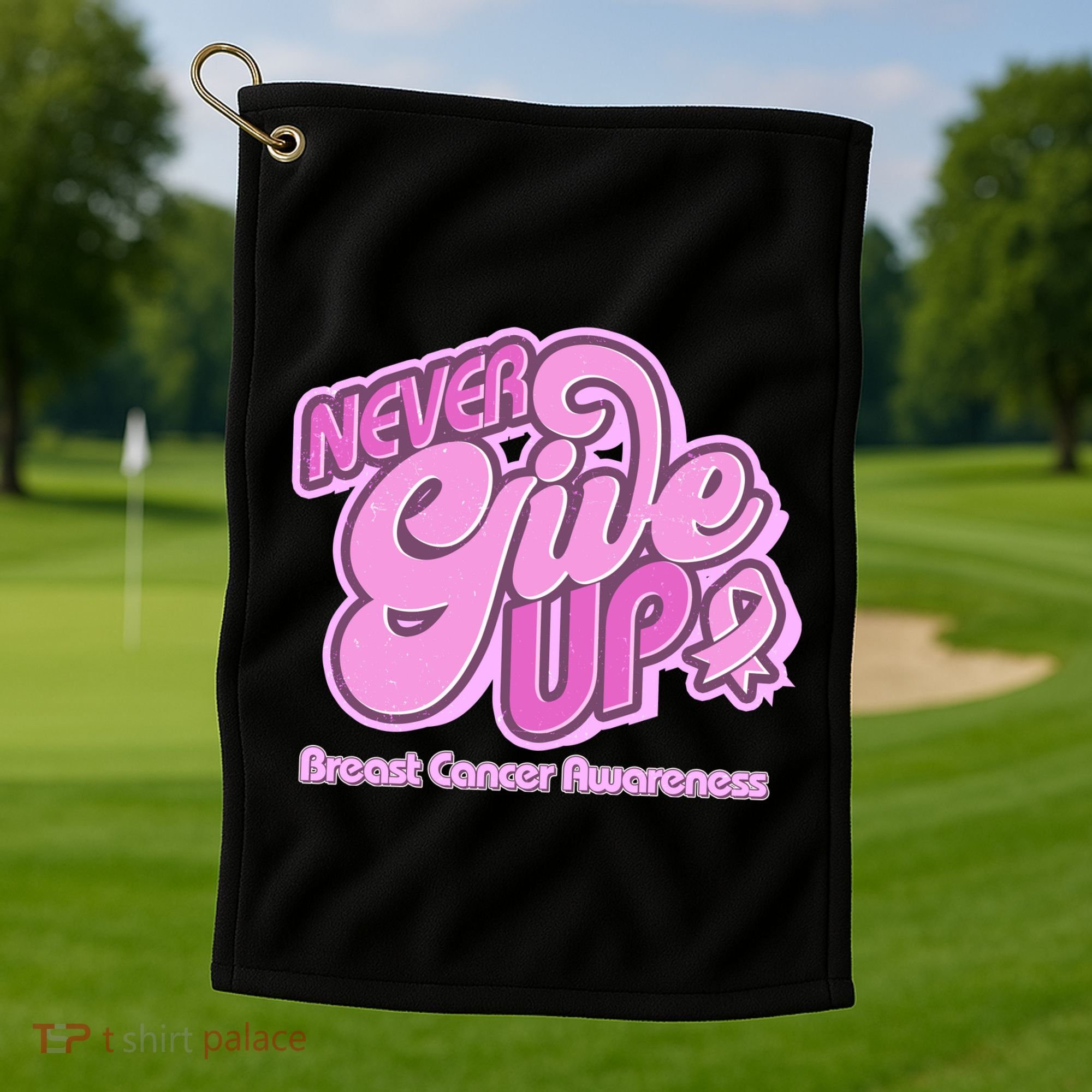 Retro Never Give Up Breast Cancer Awareness Golf Towel