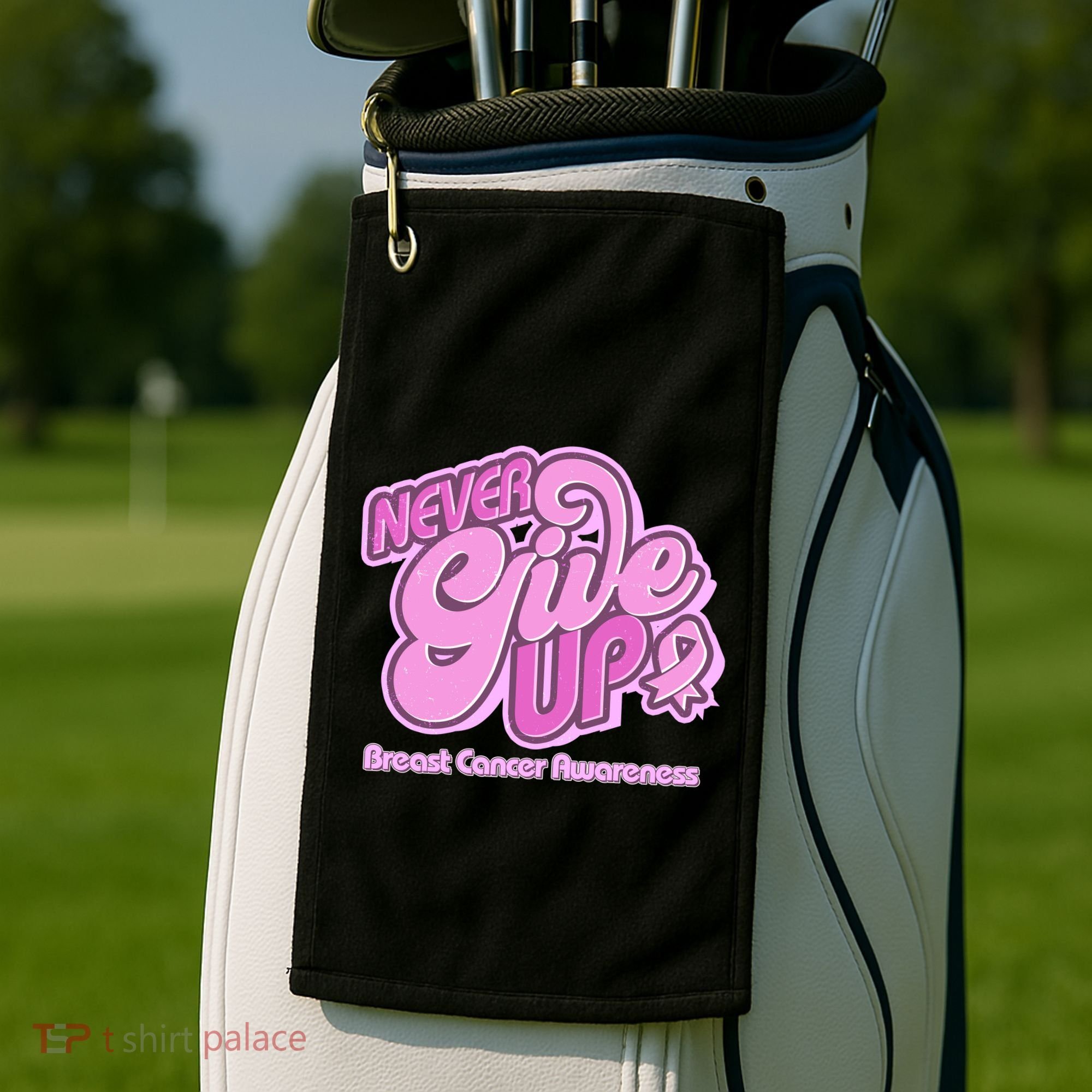 Retro Never Give Up Breast Cancer Awareness Golf Towel