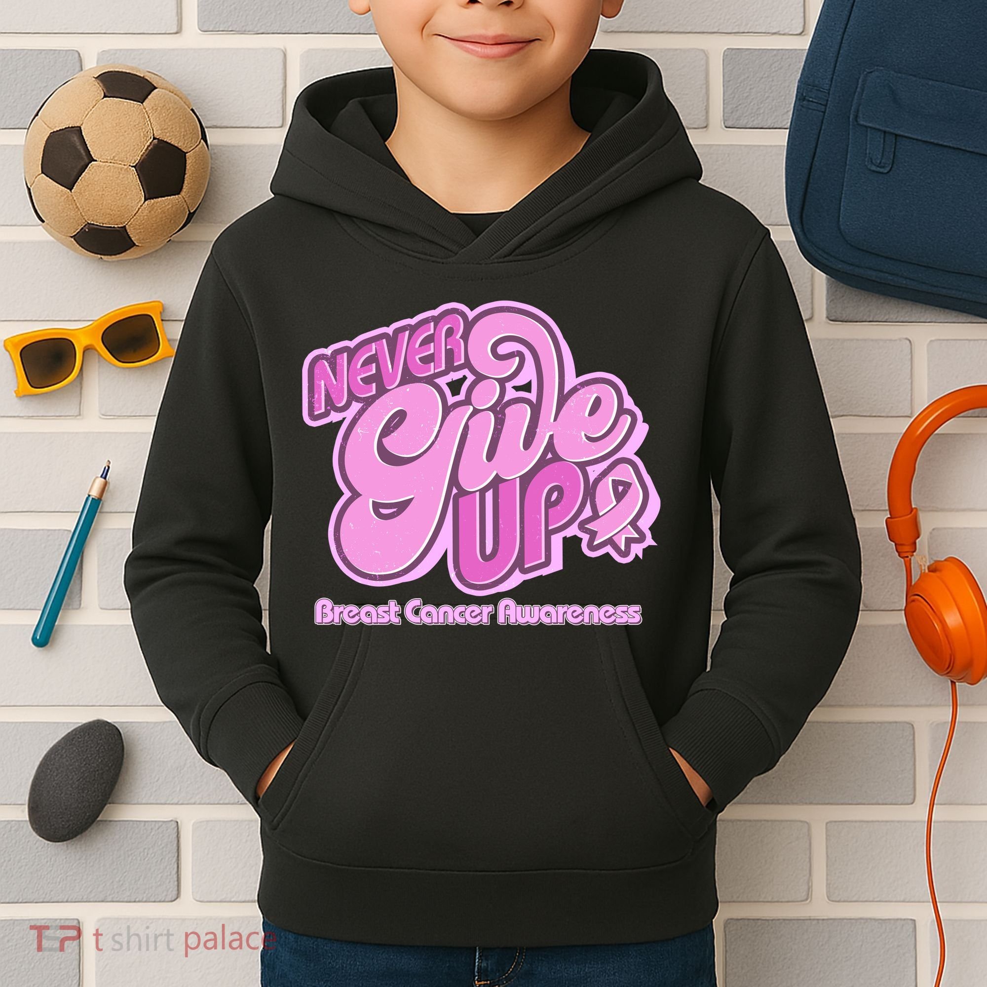 Retro Never Give Up Breast Cancer Awareness Kids Hoodie
