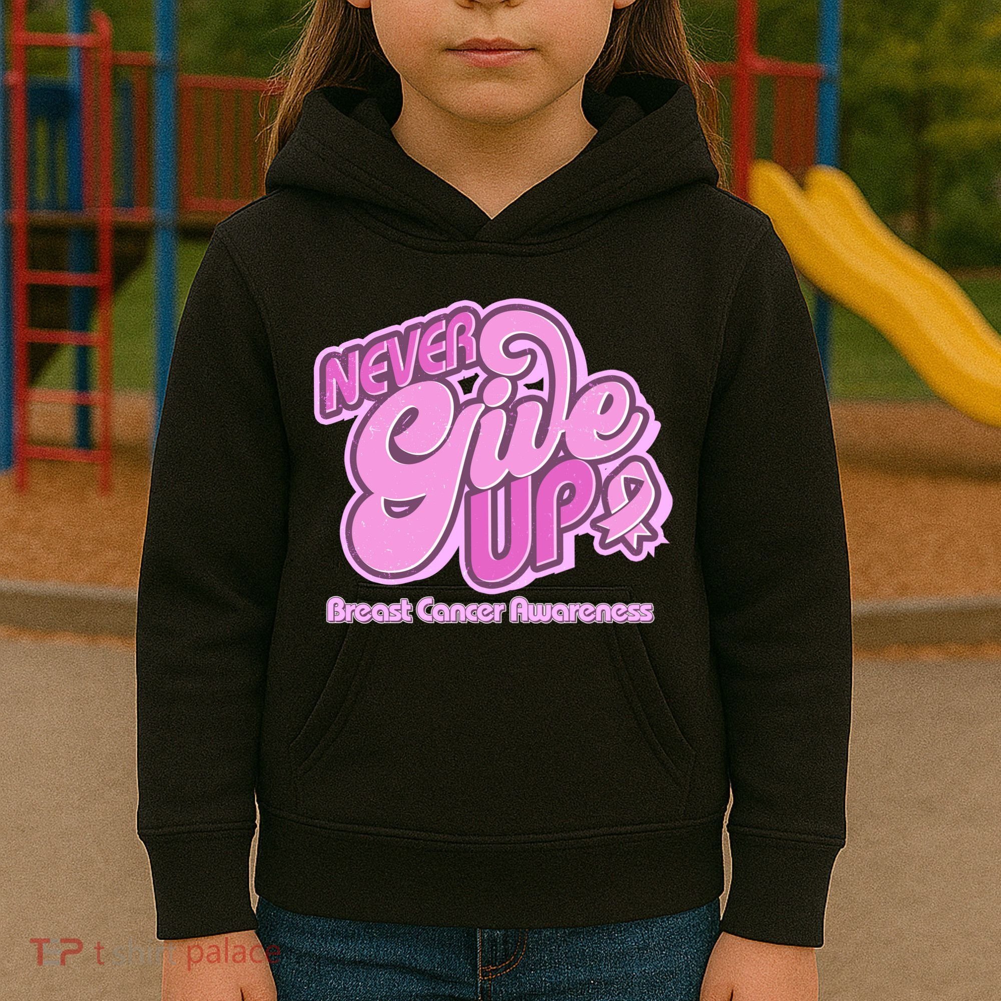 Retro Never Give Up Breast Cancer Awareness Kids Hoodie