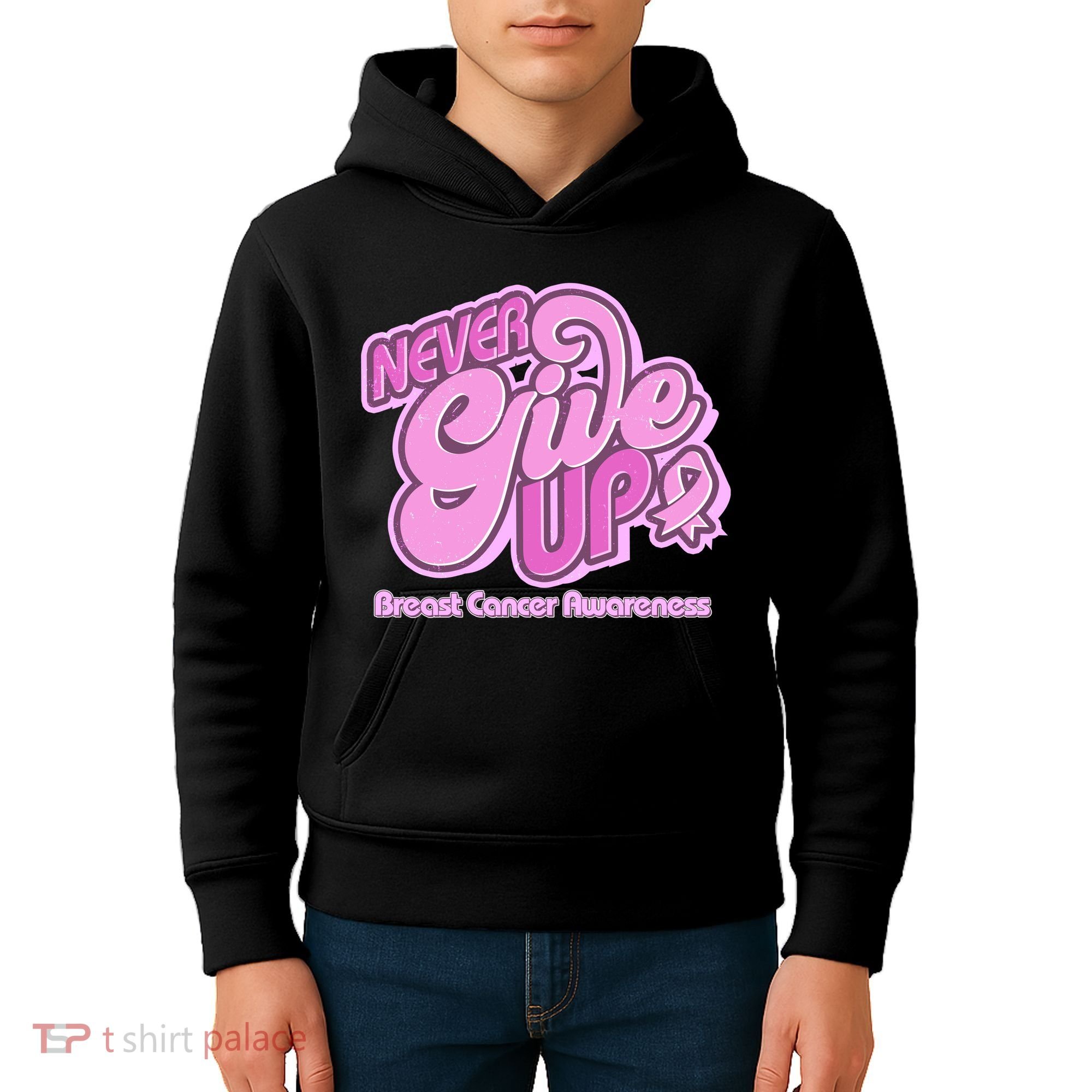 Retro Never Give Up Breast Cancer Awareness Kids Hoodie