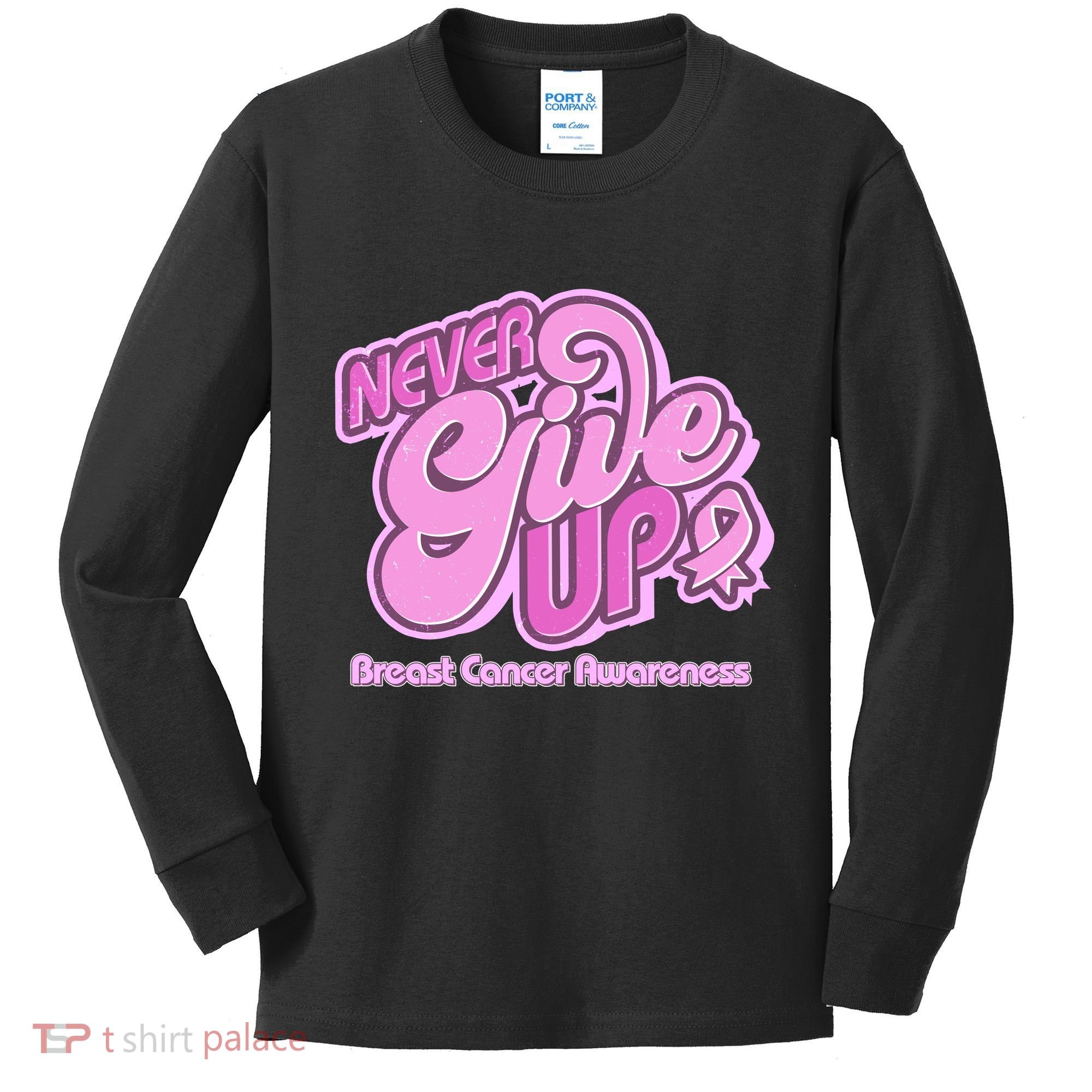 Retro Never Give Up Breast Cancer Awareness Kids Long Sleeve Shirt