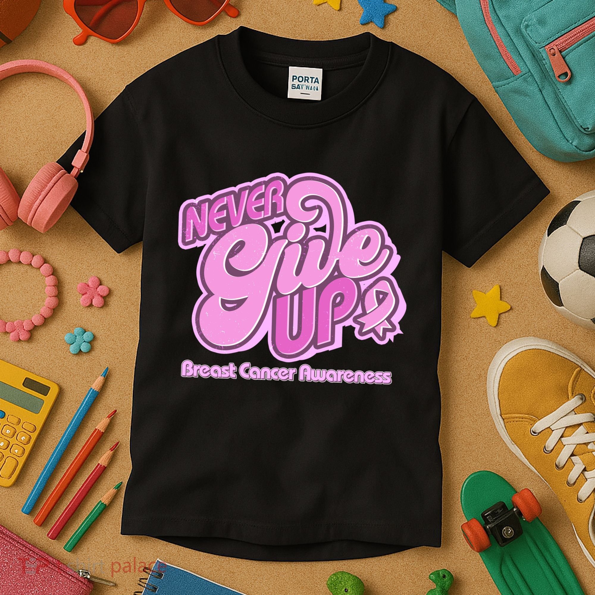 Retro Never Give Up Breast Cancer Awareness Kids T-Shirt