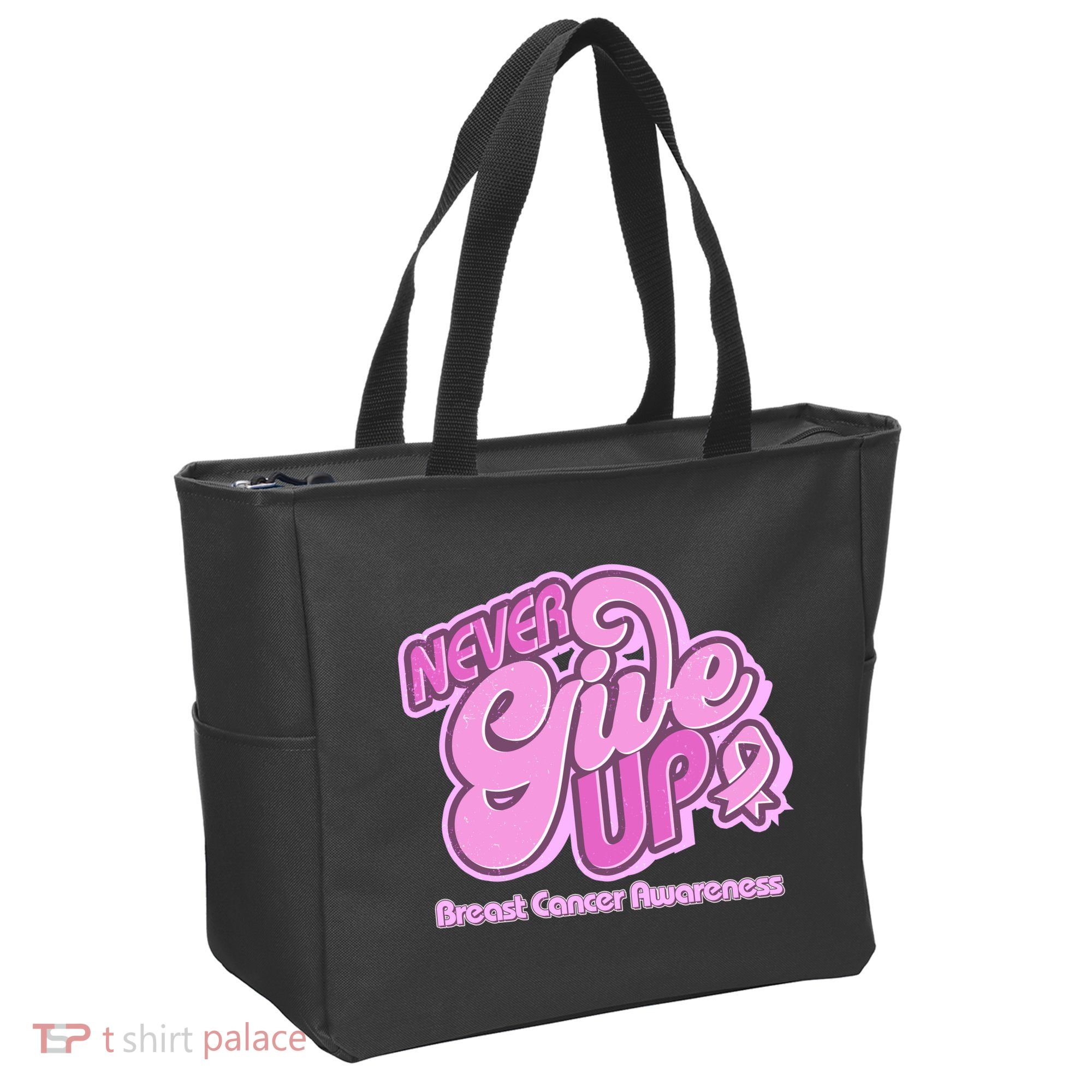Retro Never Give Up Breast Cancer Awareness Tote Bag